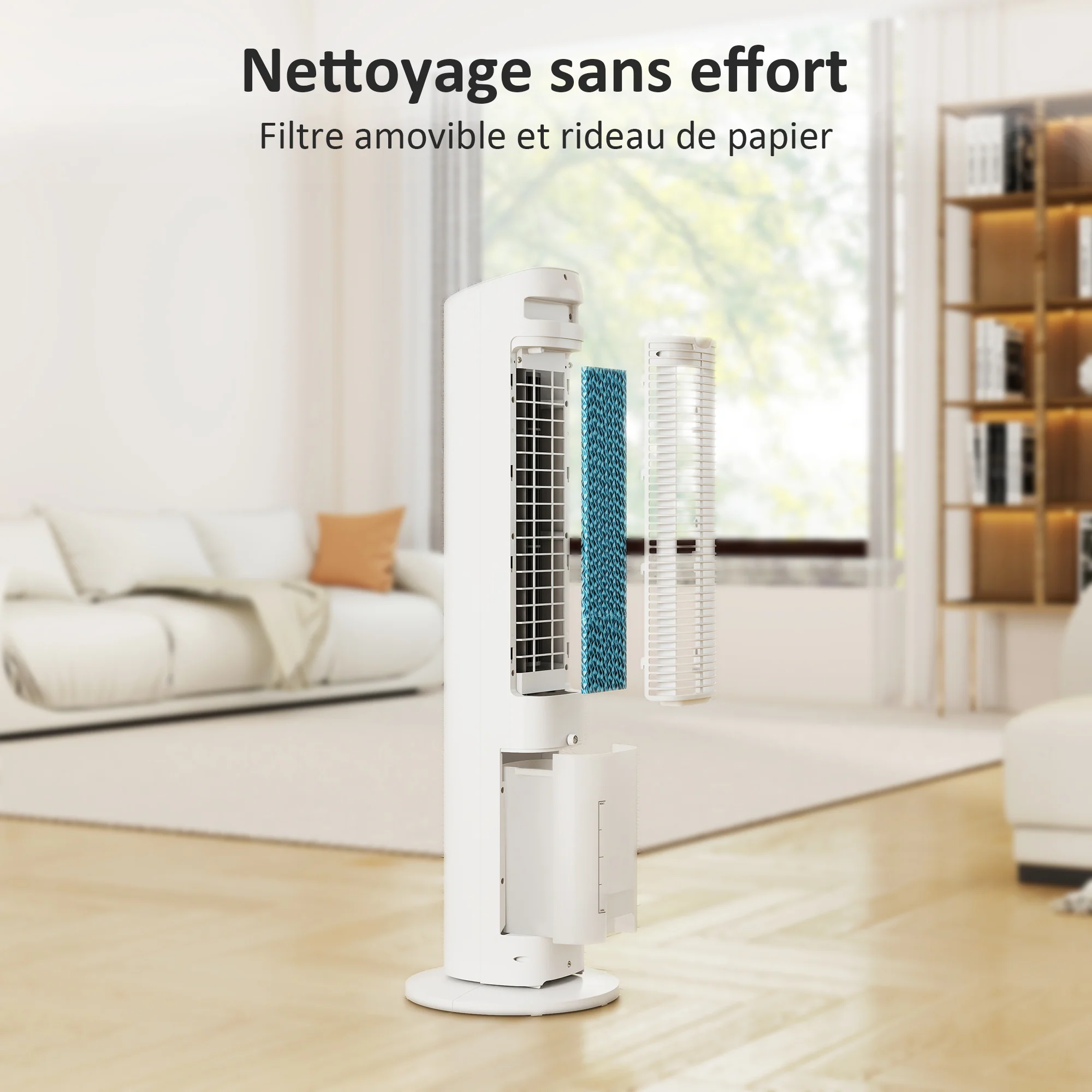 Refroidisseur d'air colonne 3 en 1 refroidisseur humidificateur et ventilateur, oscillation 48°, 3 vitesses 3 modes, réservoir d'eau 3L, blocs de glace, télécommande, pour chambre bureau, blanc - Image 10