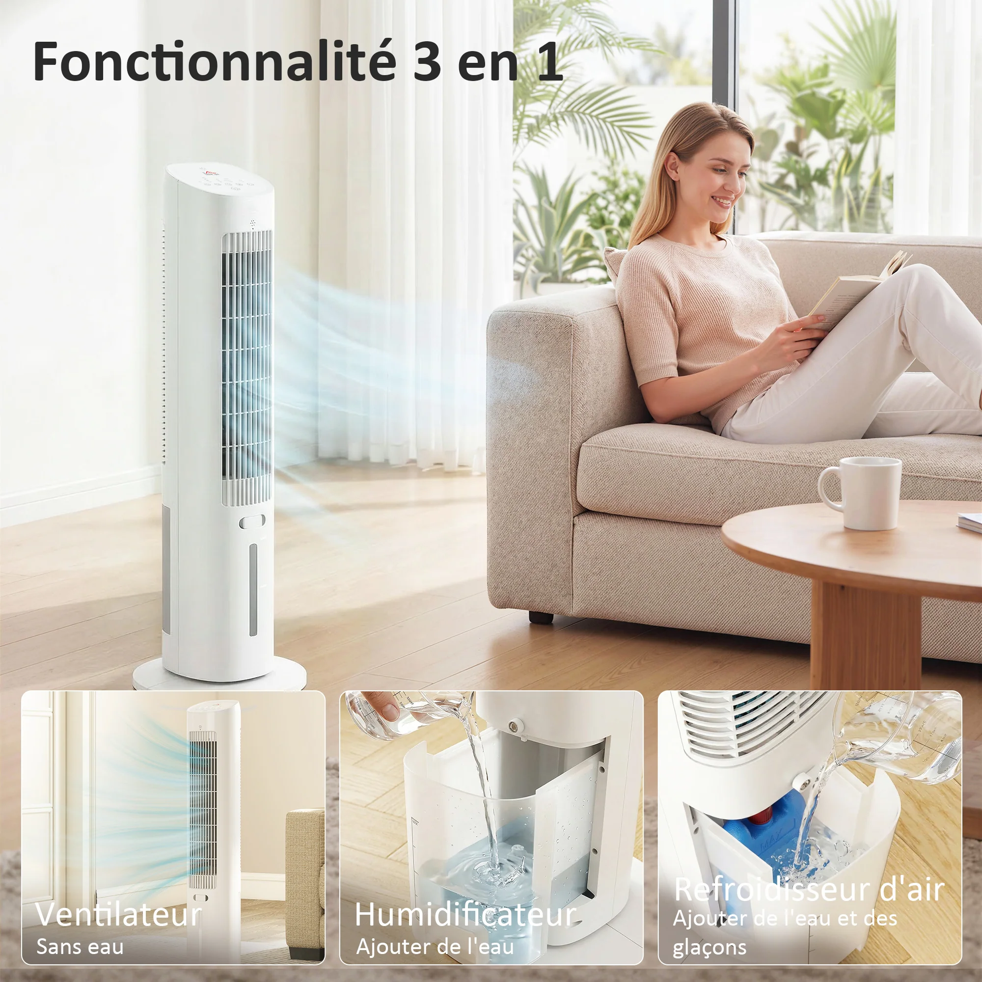 Refroidisseur d'air colonne 3 en 1 refroidisseur humidificateur et ventilateur, oscillation 48°, 3 vitesses 3 modes, réservoir d'eau 3L, blocs de glace, télécommande, pour chambre bureau, blanc - Image 5