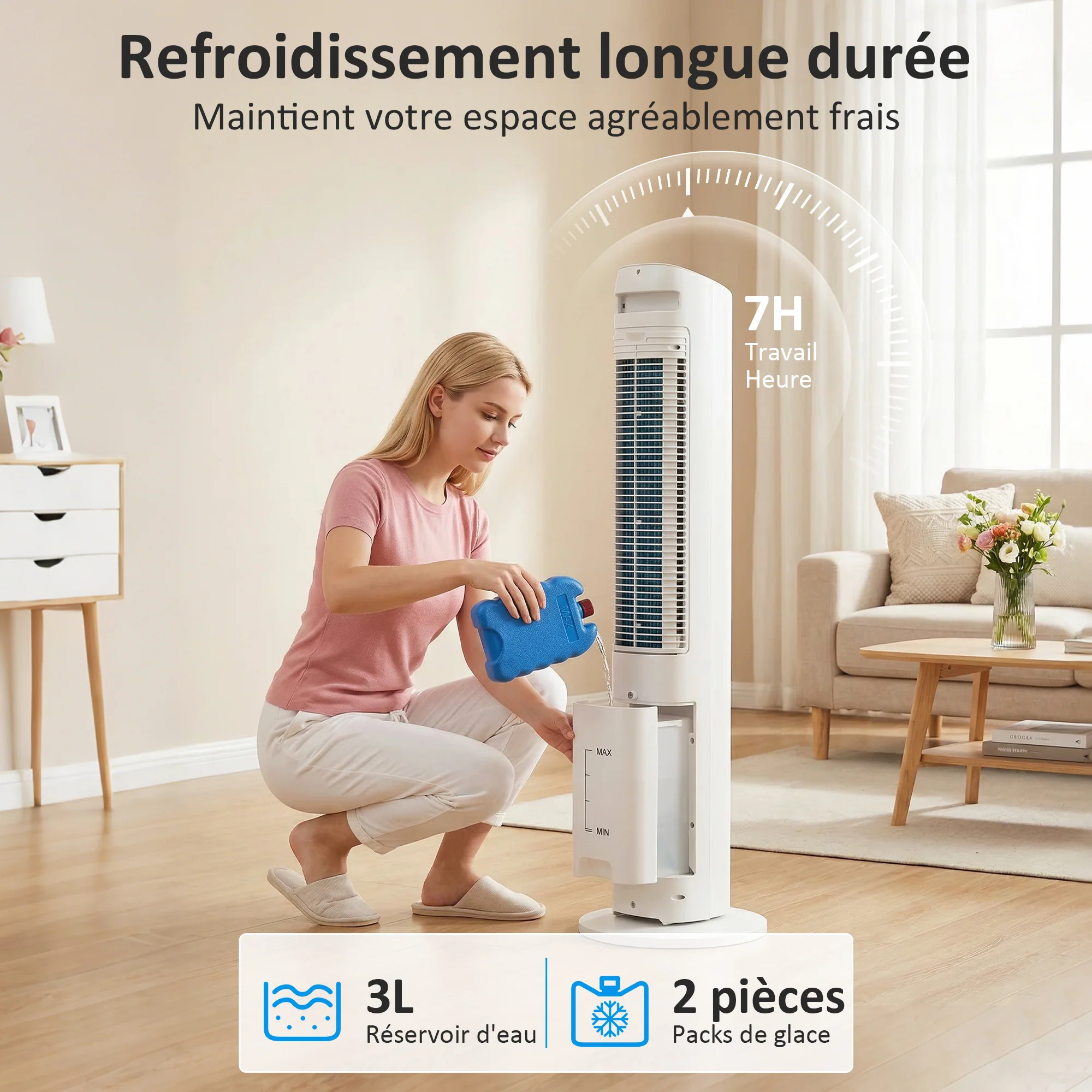 Refroidisseur d'air colonne 3 en 1 refroidisseur humidificateur et ventilateur, oscillation 48°, 3 vitesses 3 modes, réservoir d'eau 3L, blocs de glace, télécommande, pour chambre bureau, blanc - Image 6