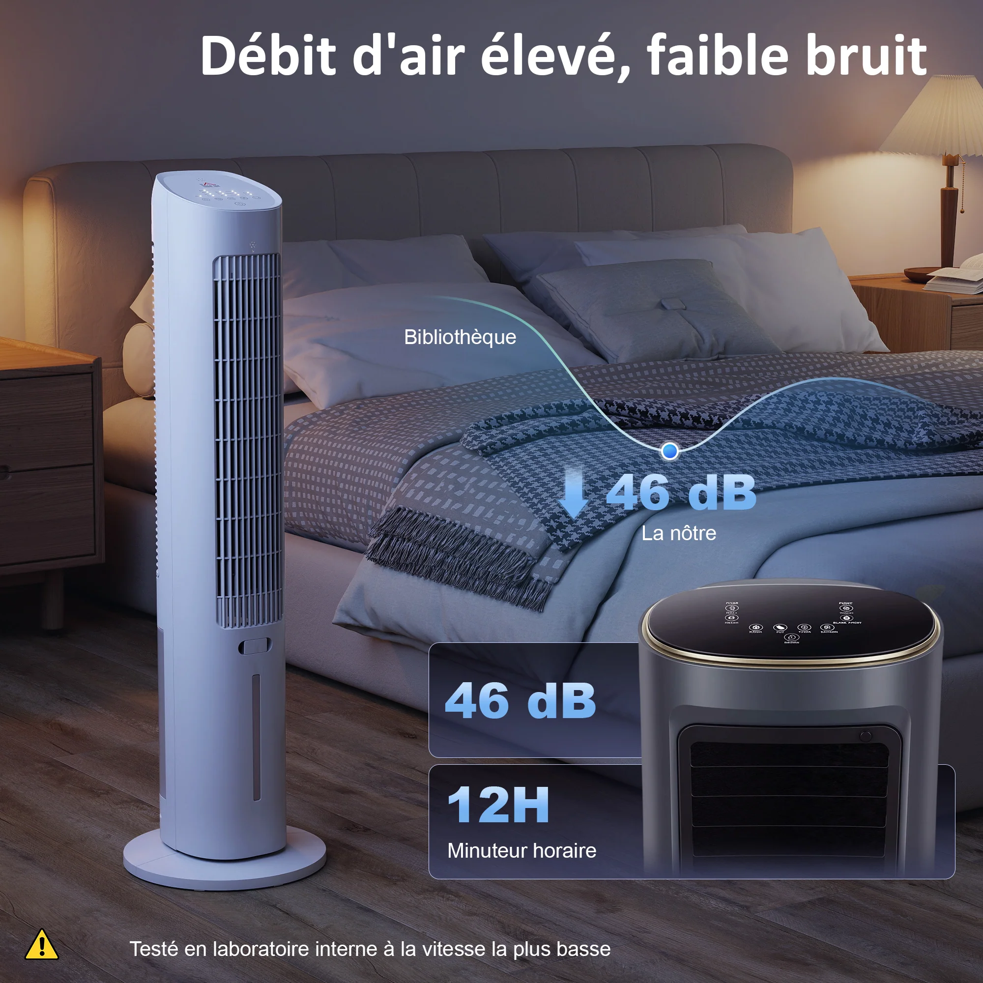 Refroidisseur d'air colonne 3 en 1 refroidisseur humidificateur et ventilateur, oscillation 48°, 3 vitesses 3 modes, réservoir d'eau 3L, blocs de glace, télécommande, pour chambre bureau, blanc - Image 8