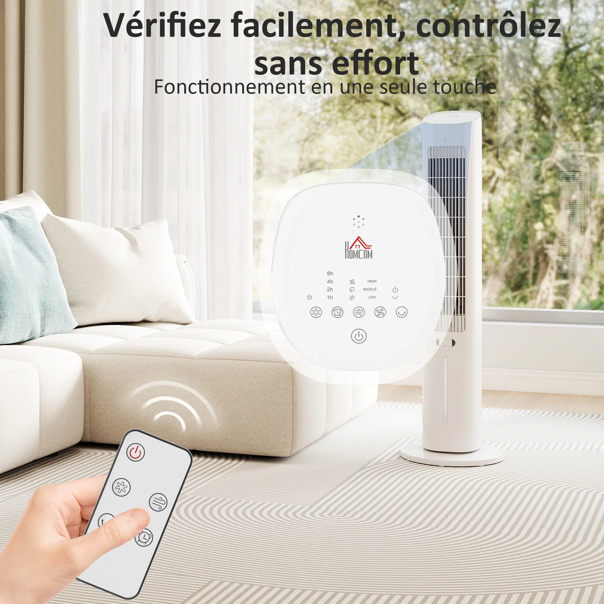 Refroidisseur d'air colonne 3 en 1 refroidisseur humidificateur et ventilateur, oscillation 48°, 3 vitesses 3 modes, réservoir d'eau 3L, blocs de glace, télécommande, pour chambre bureau, blanc - Image 9
