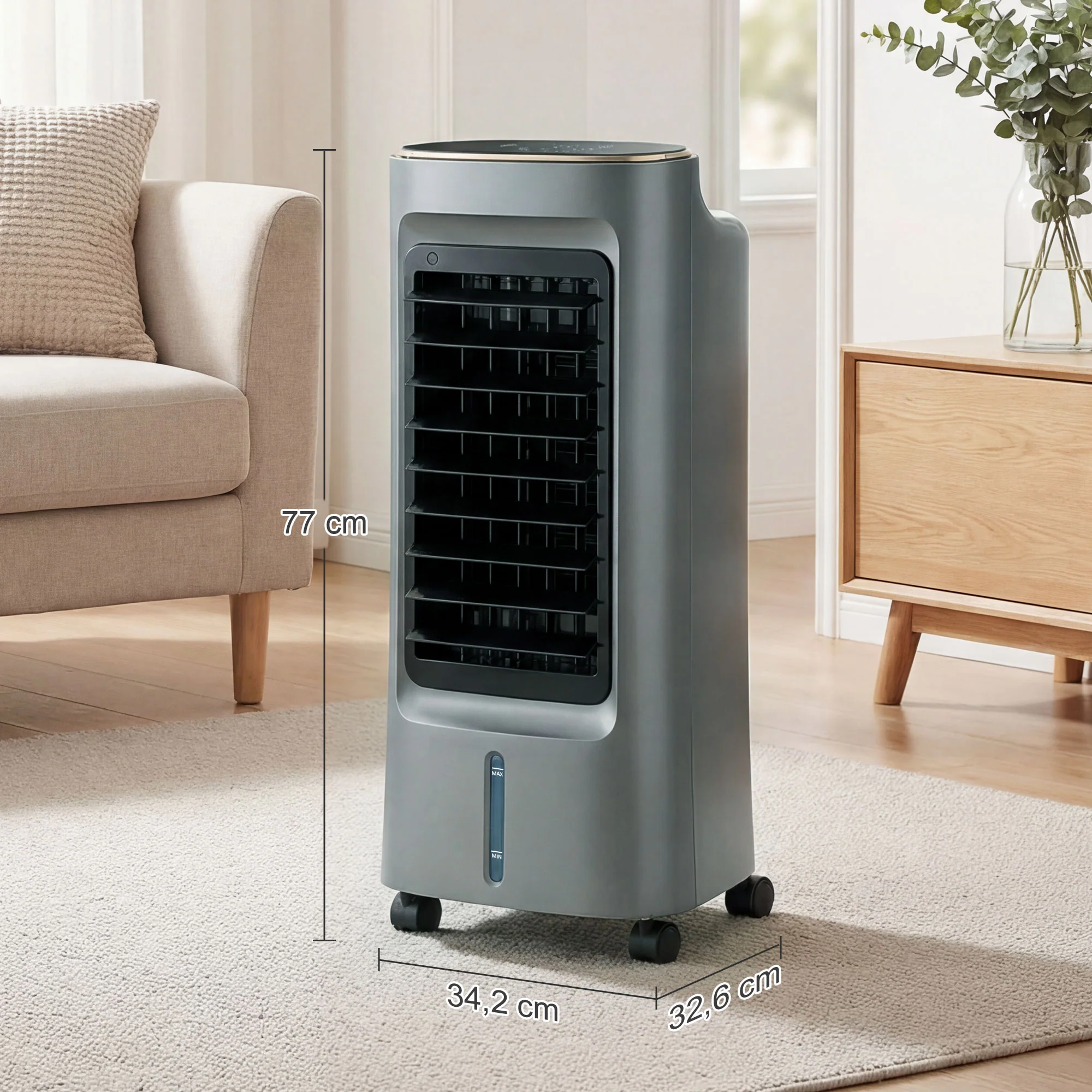 Refroidisseur d'air mobile 4 en 1 humidificateur, purificateur et ventilateur, oscillation 90°, 4 vitesses, 3 modes, réservoir d'eau 6L, packs de glace, télécommande, pour chambre bureau, gris - Image 4
