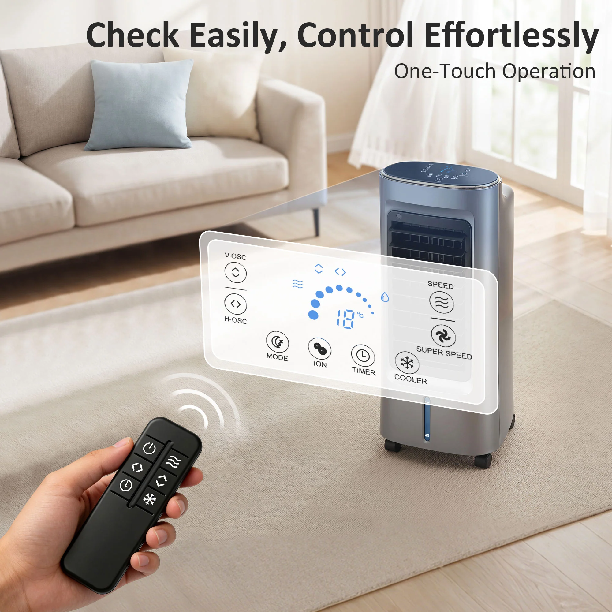 Refroidisseur d'air mobile 4 en 1 humidificateur, purificateur et ventilateur, oscillation 90°, 4 vitesses, 3 modes, réservoir d'eau 6L, packs de glace, télécommande, pour chambre bureau, gris - Image 6