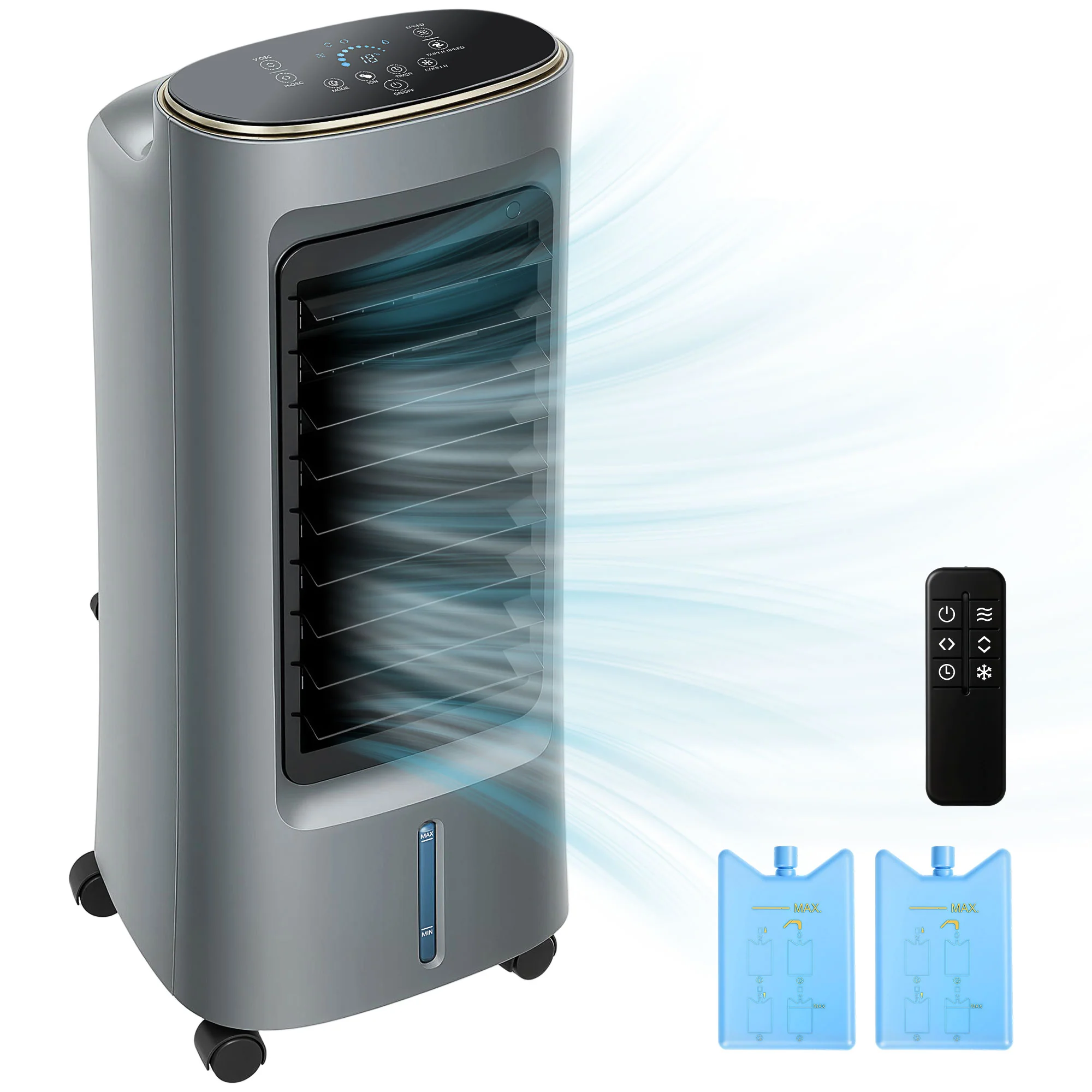 Refroidisseur d'air mobile 4 en 1 humidificateur, purificateur et ventilateur, oscillation 90°, 4 vitesses, 3 modes, réservoir d'eau 6L, packs de glace, télécommande, pour chambre bureau, gris - Image 8