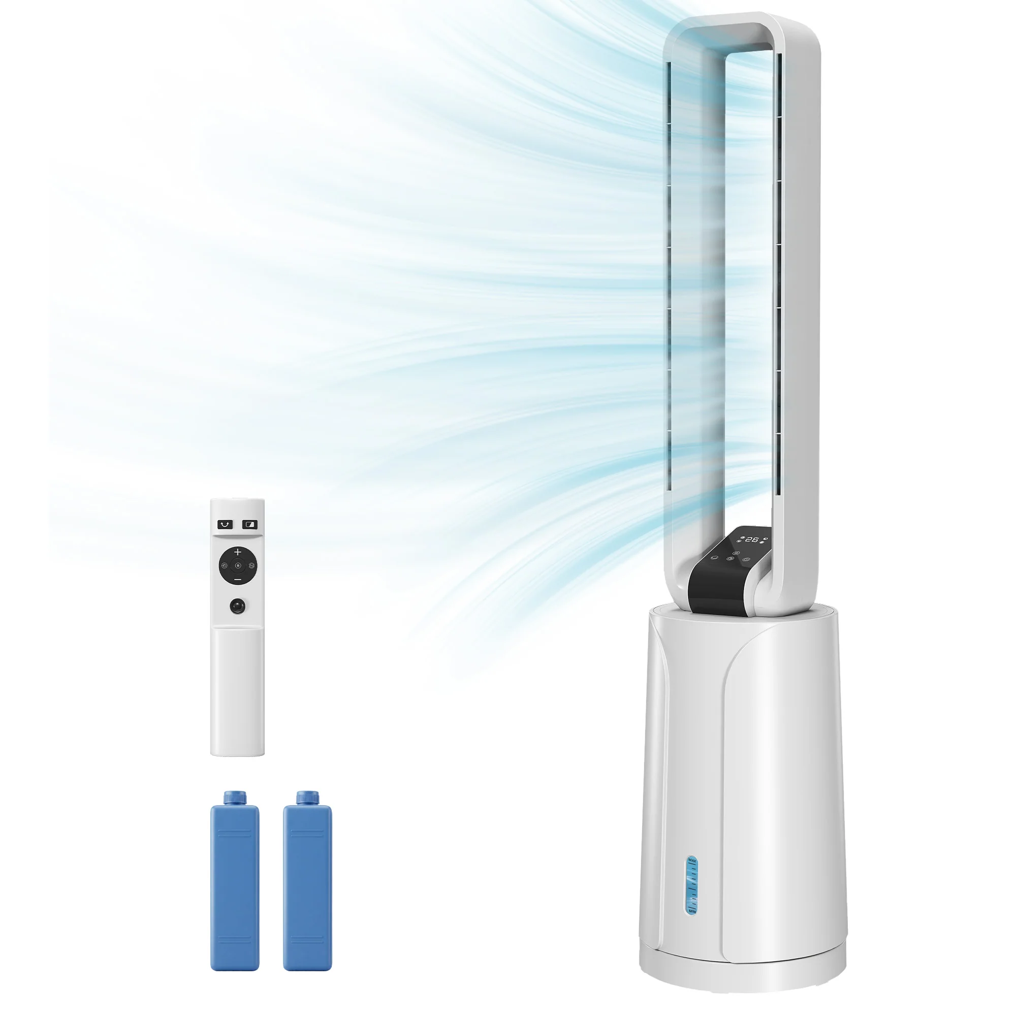 Refroidisseur d'air par évaporation portable 3 en 1 humidificateur et ventilateur, 2 blocs réfrigérants, réservoir d'eau de 1,7 L, minuterie 15 h, oscillation à 70°, télécommande, blanc