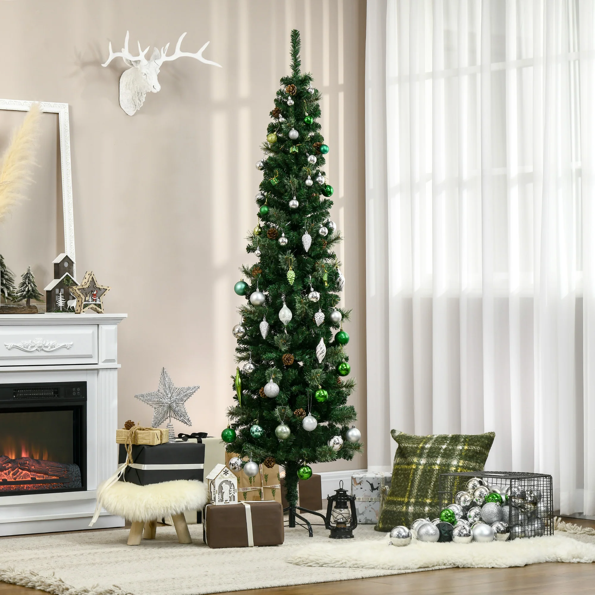 Sapin arbre de Noël artificiel 195 cm 556 branches avec 27 pommes de pin+ support pied pliable vert - Image 3