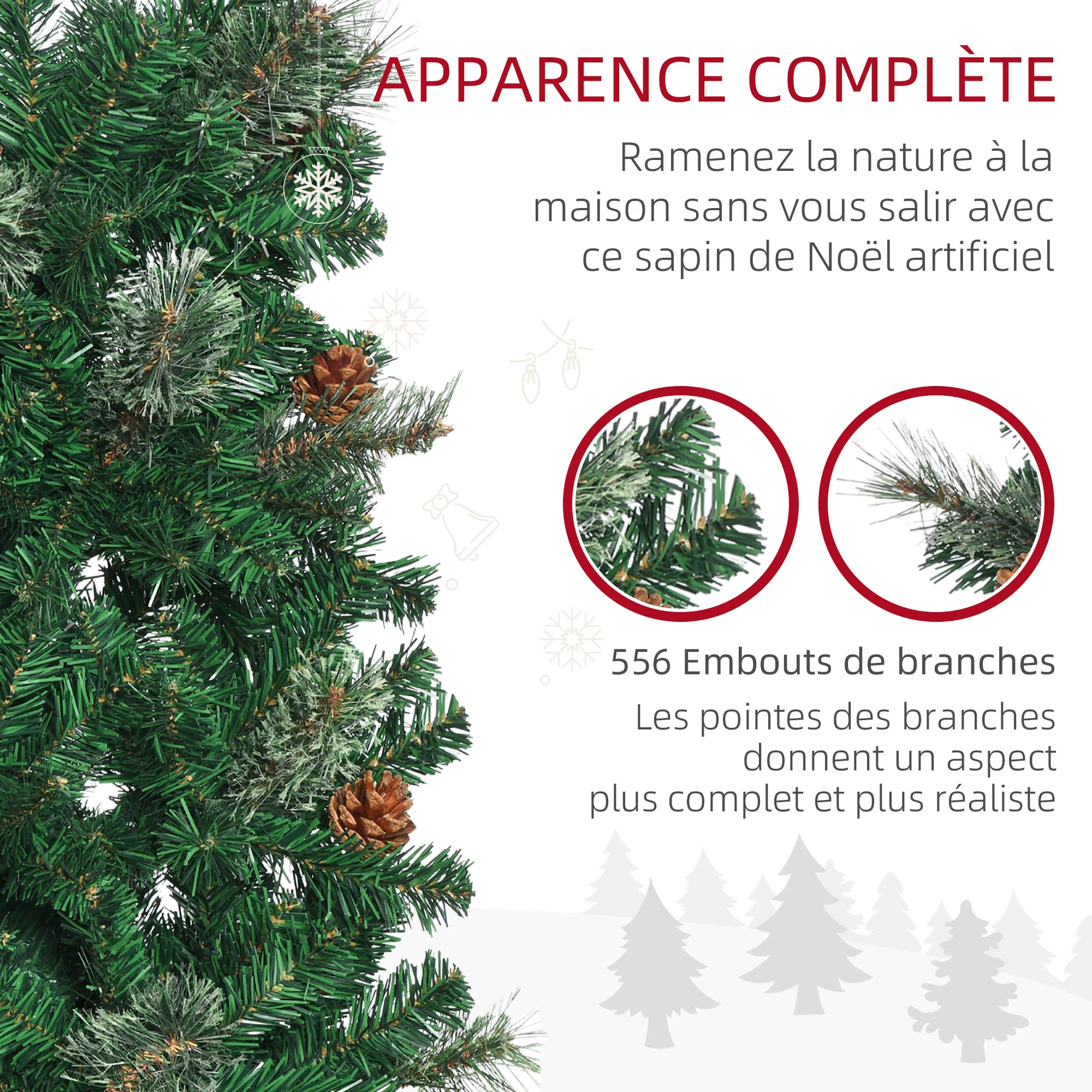 Sapin arbre de Noël artificiel 195 cm 556 branches avec 27 pommes de pin+ support pied pliable vert - Image 8