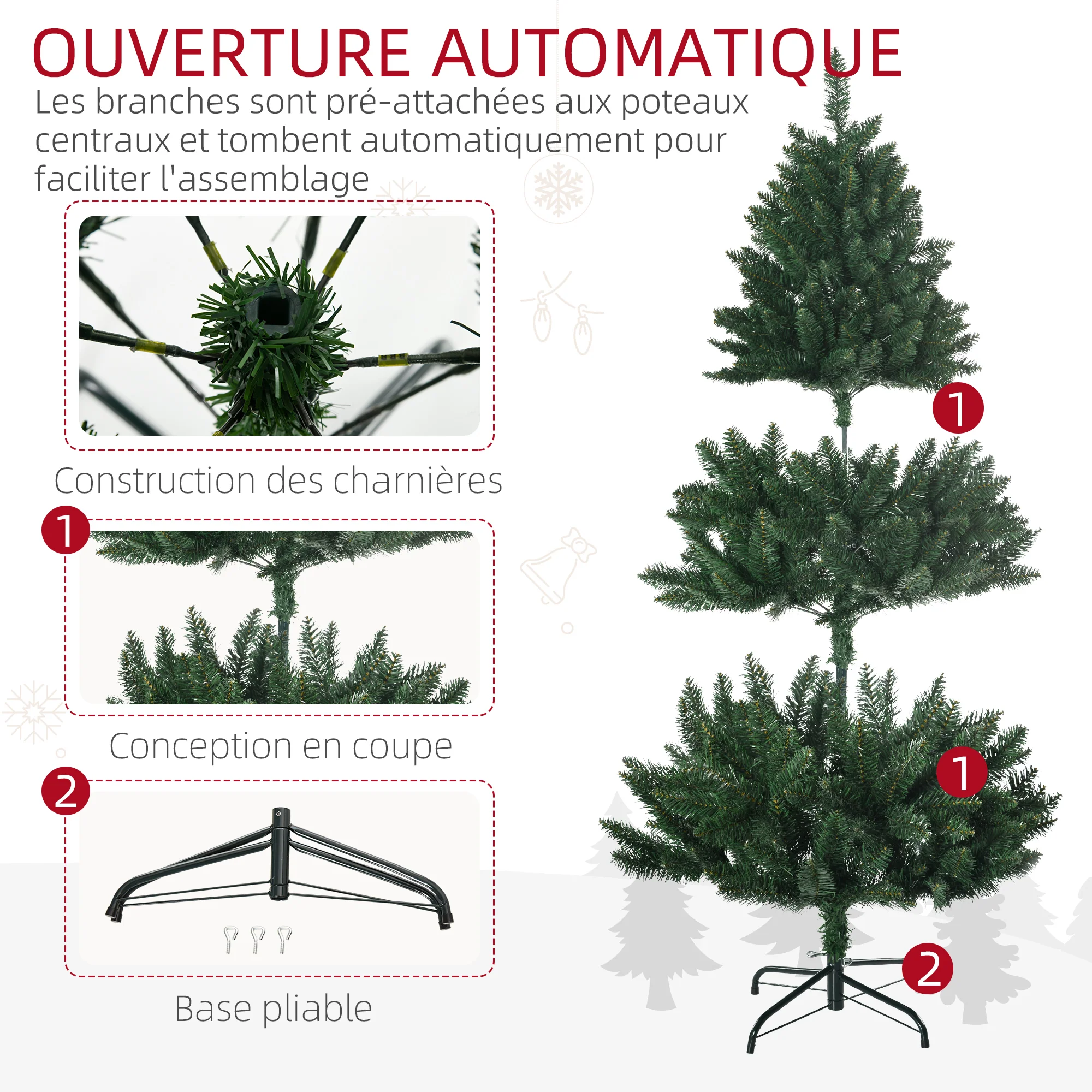 Sapin de No?l artificiel 120H cm 305 branches avec pied croix acier amovible - vert - Image 8