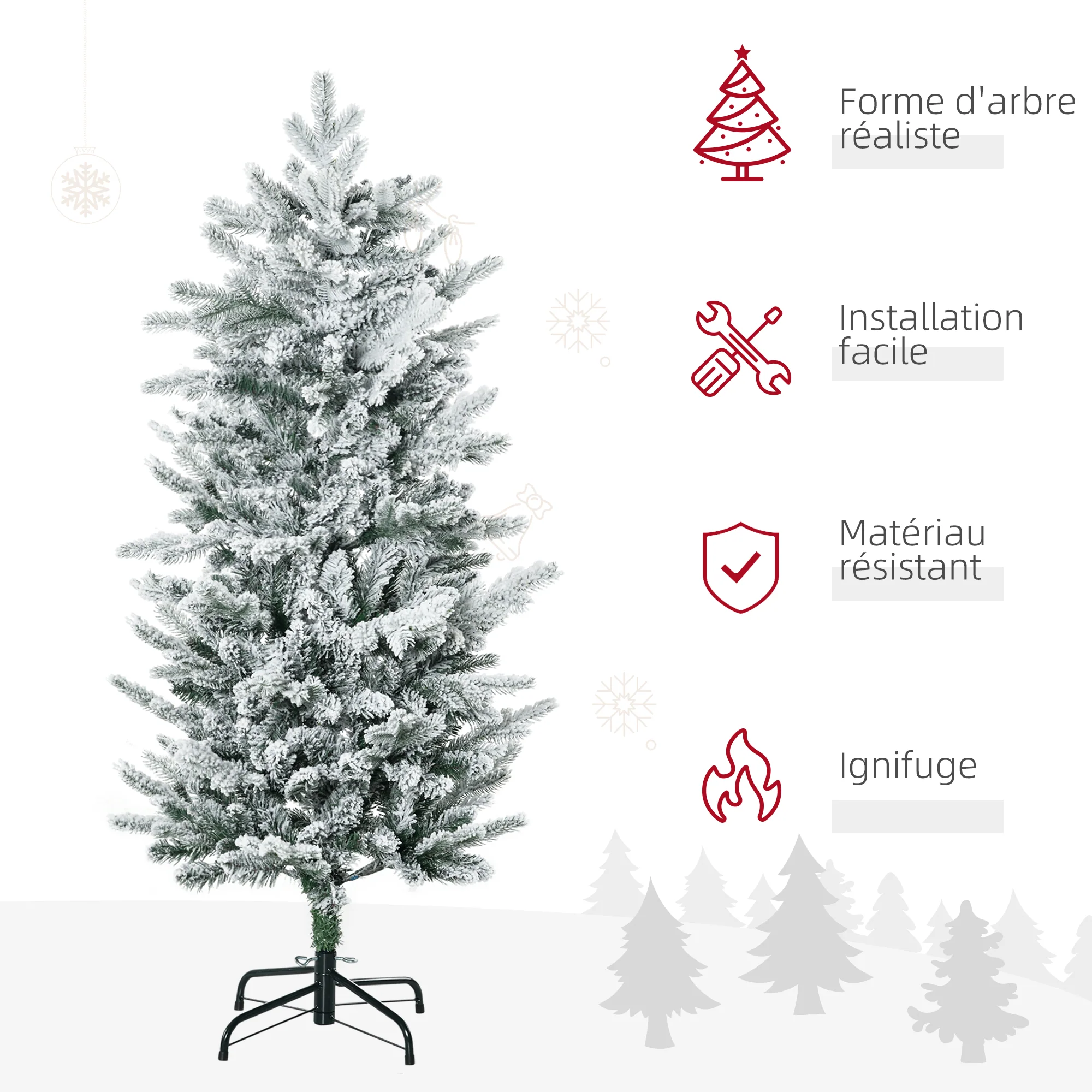 Sapin de Noël artificiel 135 cm, pin naturel enneigé, 267 branches de neige, ouverture automatique, base en acier, vert - Image 5