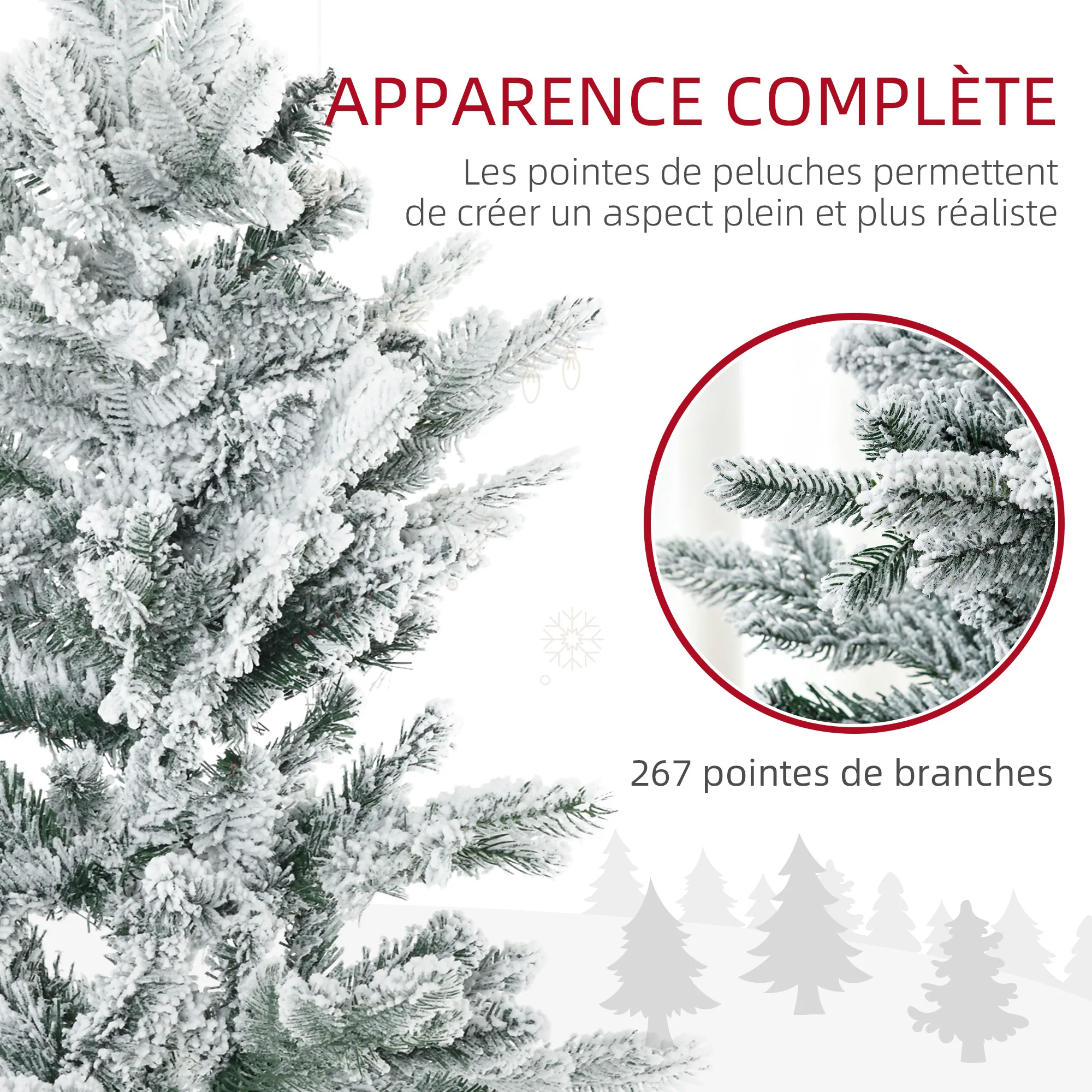 Sapin de Noël artificiel 135 cm, pin naturel enneigé, 267 branches de neige, ouverture automatique, base en acier, vert - Image 6