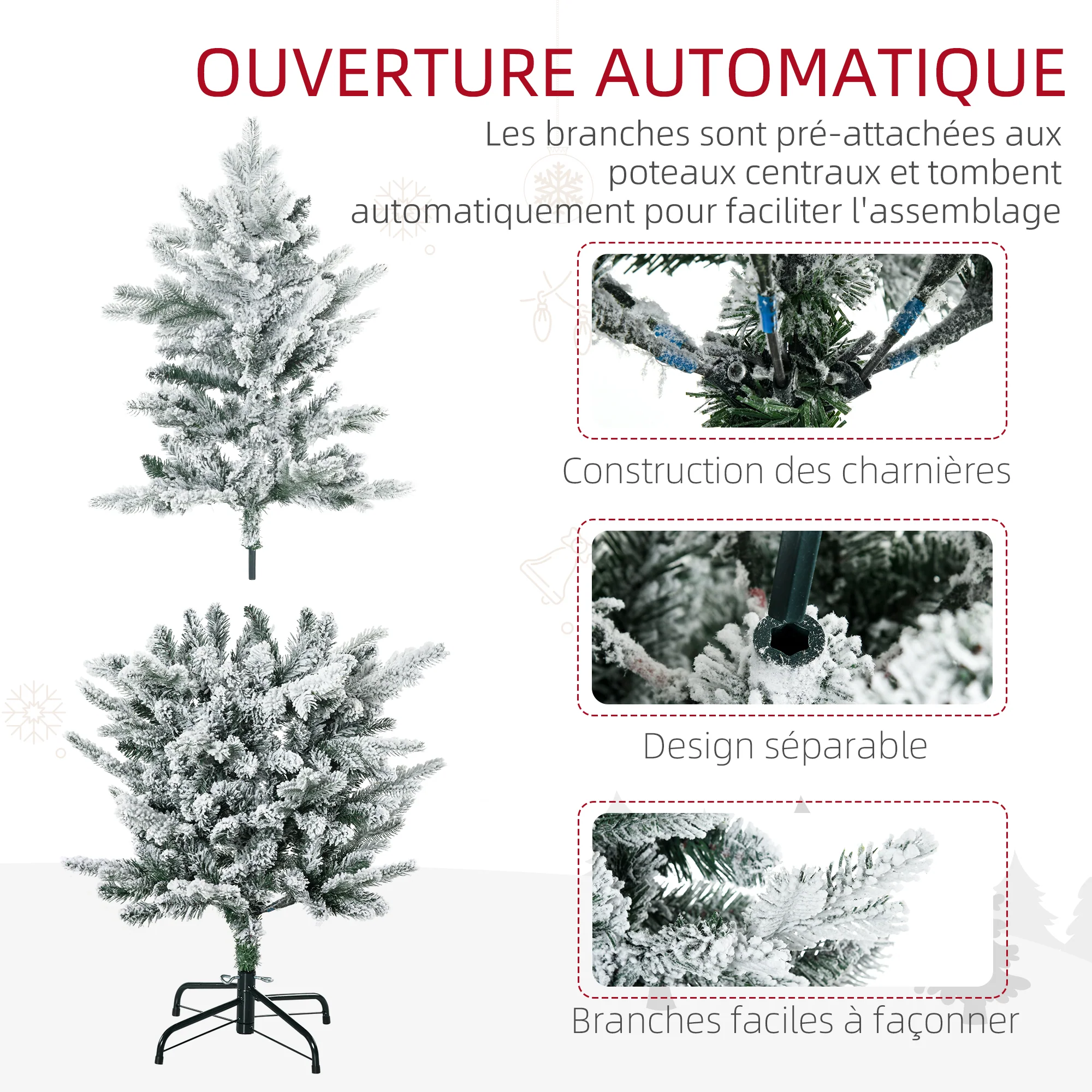 Sapin de Noël artificiel 135 cm, pin naturel enneigé, 267 branches de neige, ouverture automatique, base en acier, vert - Image 7