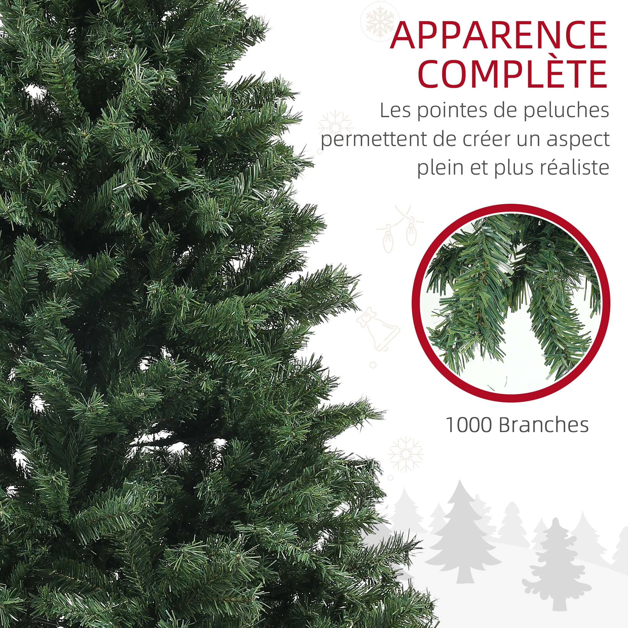 Sapin de Noël artificiel 180 cm arbre de Noël avec support en acier, 1 000 branches ignifuges décoration de Noël effet réaliste, vert - Image 6