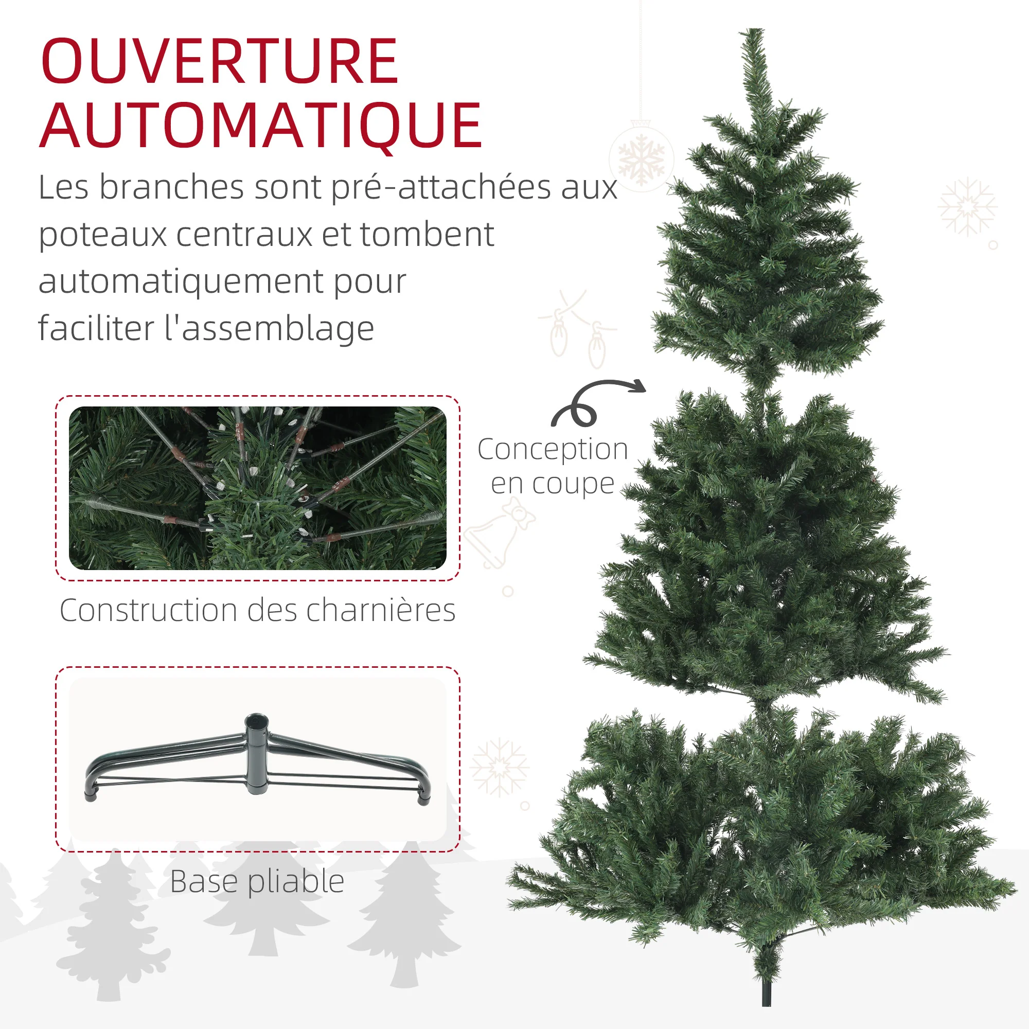 Sapin de Noël artificiel 180 cm arbre de Noël avec support en acier, 1 000 branches ignifuges décoration de Noël effet réaliste, vert - Image 8