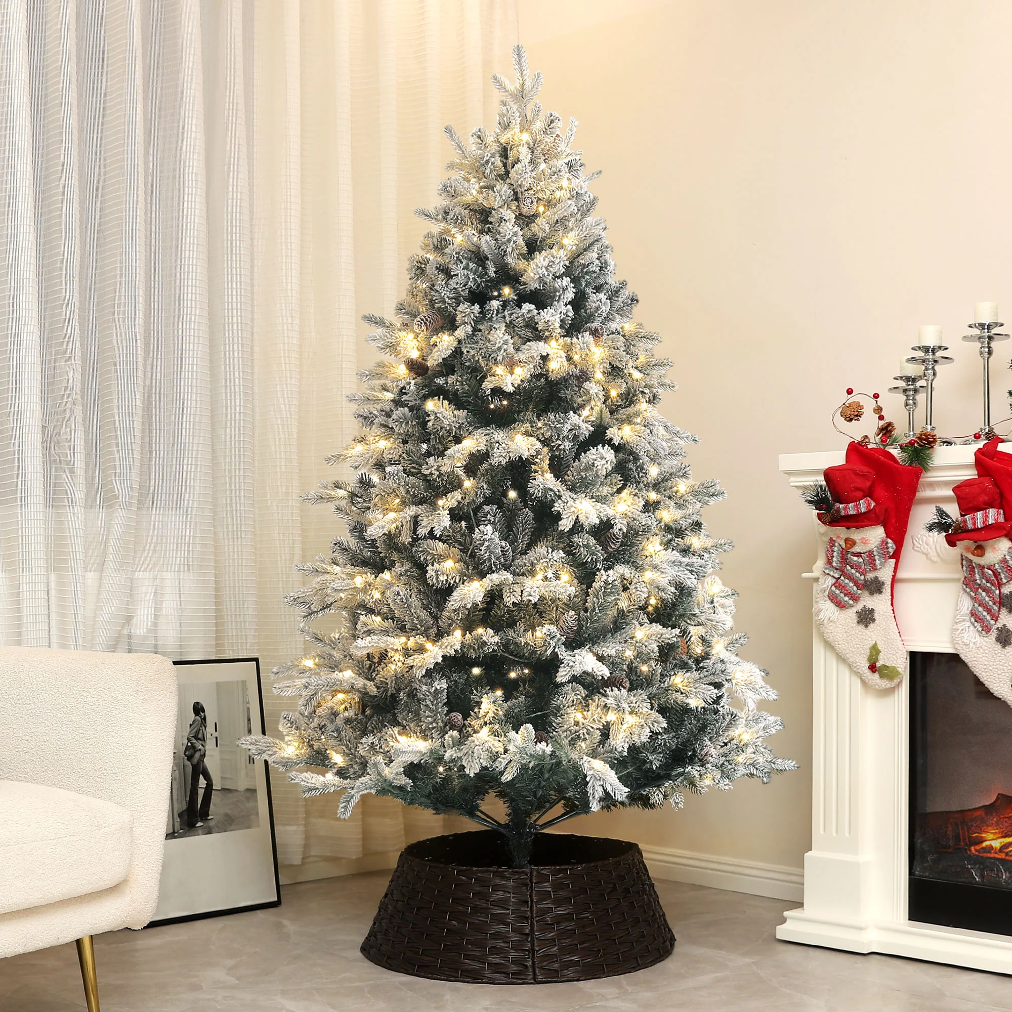 Sapin de No?l artificiel 180 cm arbre de No?l lumineux floqué enneigé avec support en acier pliable, 200 LEDs blanc chaud, 793 branches, décoration de No?l effet réaliste - vert - Image 3
