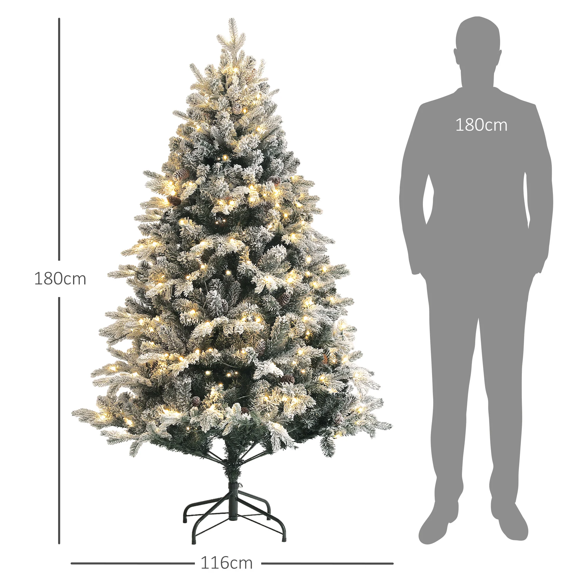 Sapin de No?l artificiel 180 cm arbre de No?l lumineux floqué enneigé avec support en acier pliable, 200 LEDs blanc chaud, 793 branches, décoration de No?l effet réaliste - vert - Image 4