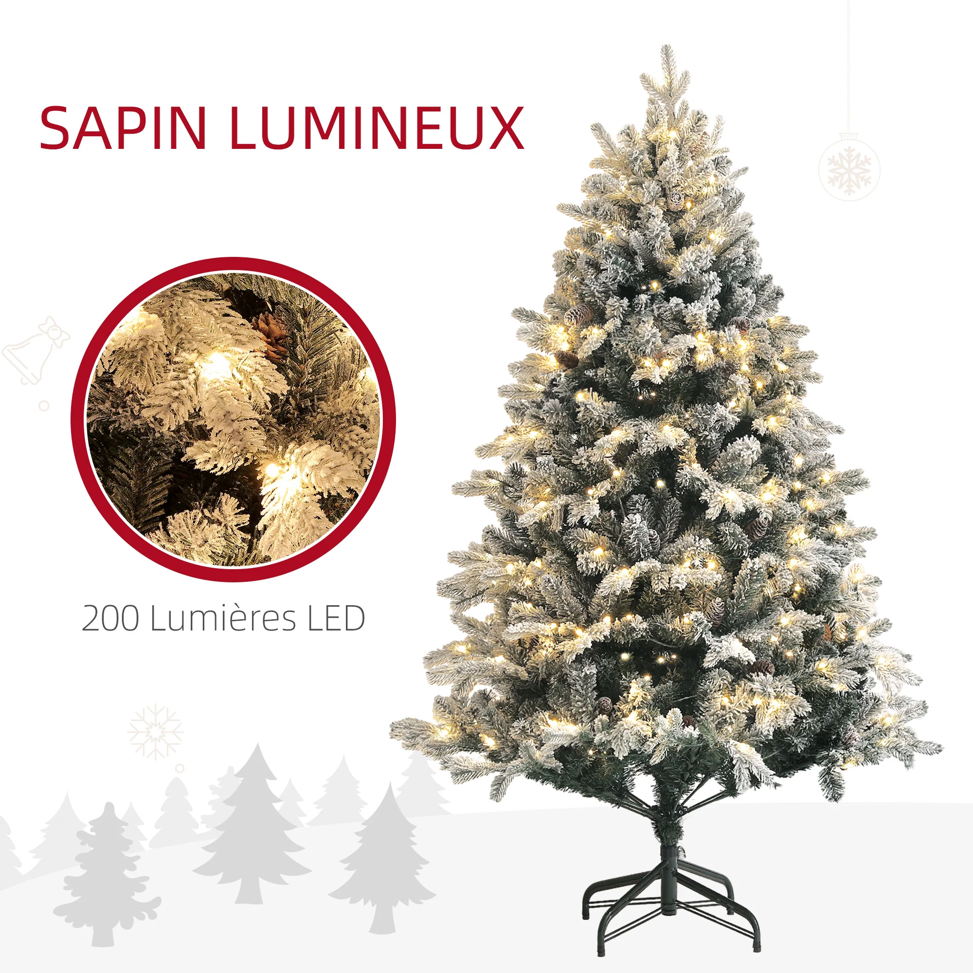 Sapin de No?l artificiel 180 cm arbre de No?l lumineux floqué enneigé avec support en acier pliable, 200 LEDs blanc chaud, 793 branches, décoration de No?l effet réaliste - vert - Image 5
