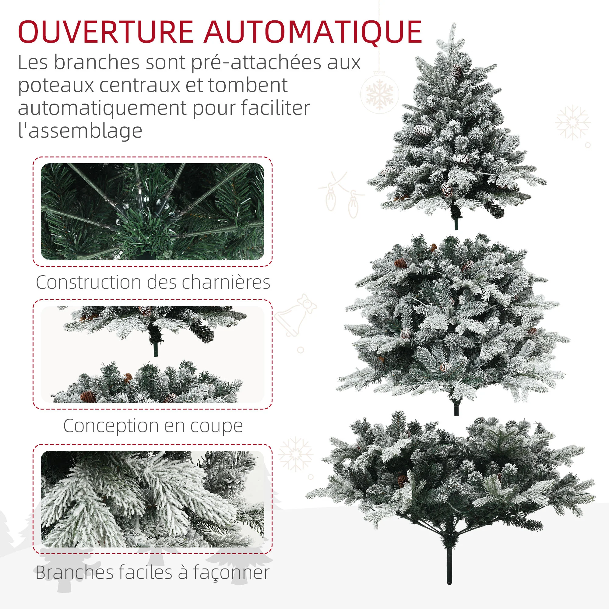 Sapin de No?l artificiel 180 cm arbre de No?l lumineux floqué enneigé avec support en acier pliable, 200 LEDs blanc chaud, 793 branches, décoration de No?l effet réaliste - vert - Image 7