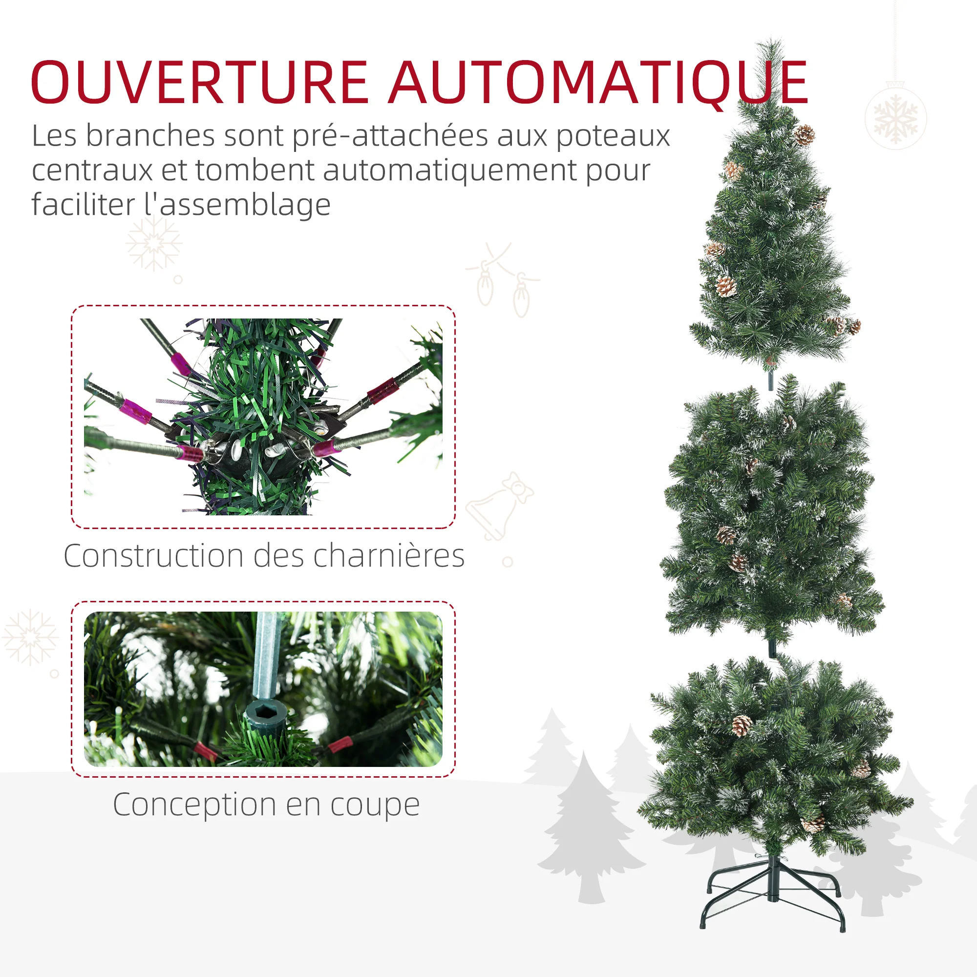 Sapin de No?l artificiel 180 cm avec 618 branches enneigées, support en acier, arbre de No?l artificiel avec socle pliable en acier, vert - Image 7