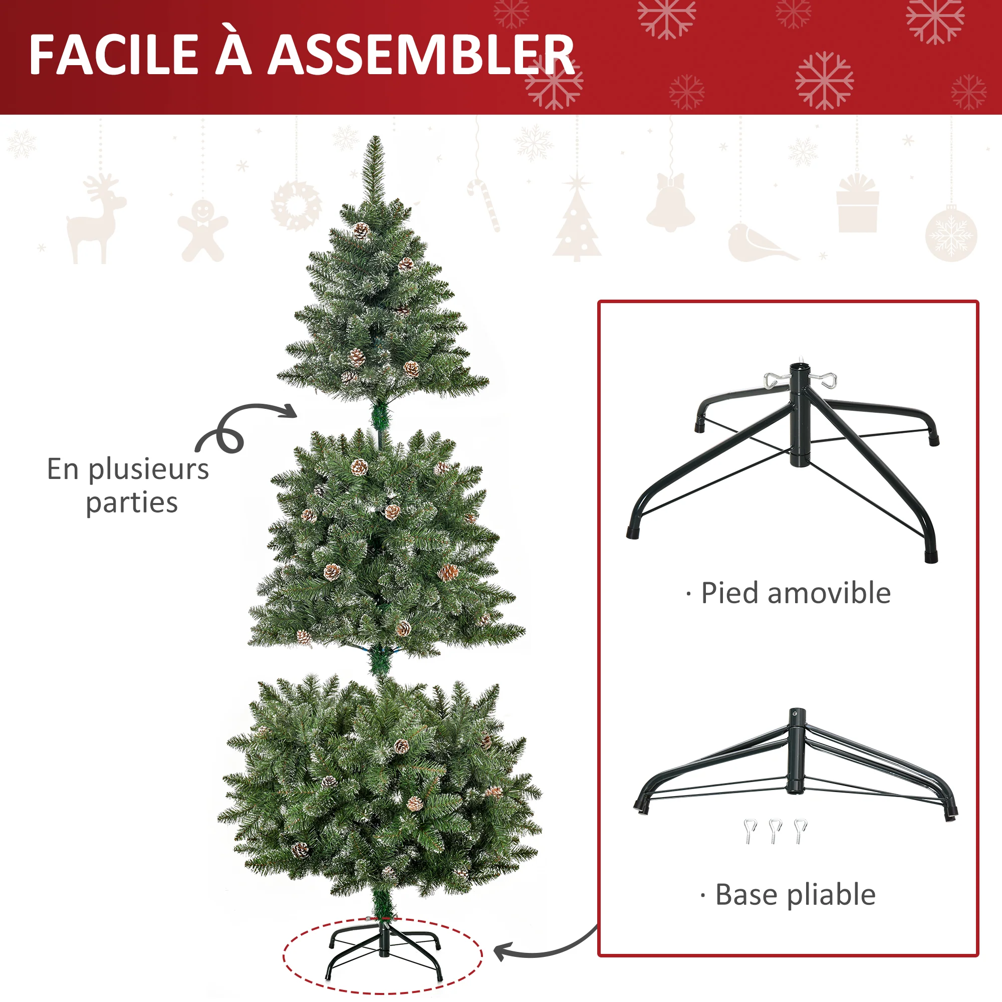 Sapin de No?l Artificiel Aspect enneigé 180H cm 50 Pommes de pin 718 Branches épines Imitation Nordmann Grand réalisme - Image 7