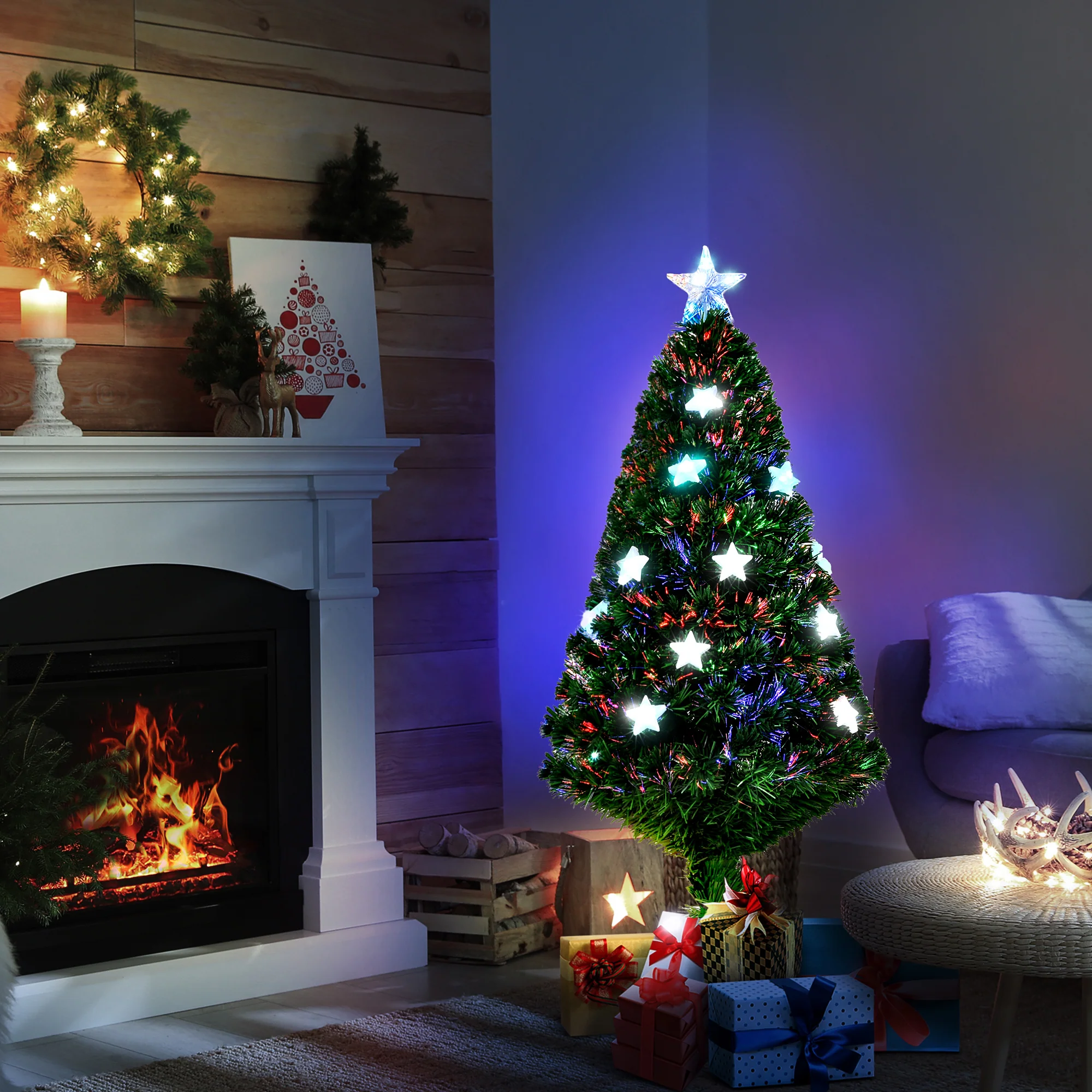 Sapin de Noël artificiel lumineux 120 cm 16 lumières LED fibres optiques lumineux multicolores 130 branches PVC étoile sommet brillante vert - Image 3