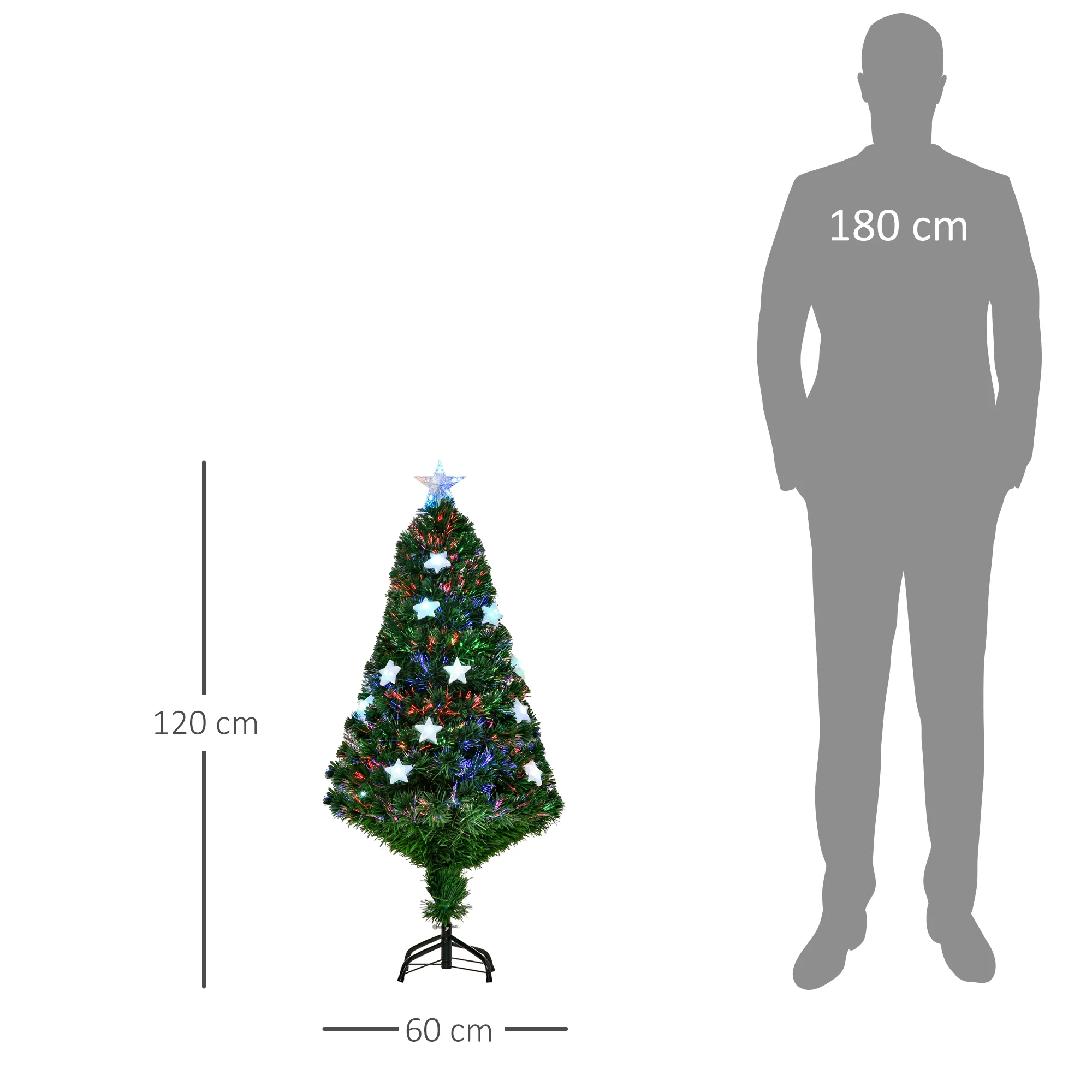 Sapin de Noël artificiel lumineux 120 cm 16 lumières LED fibres optiques lumineux multicolores 130 branches PVC étoile sommet brillante vert - Image 4