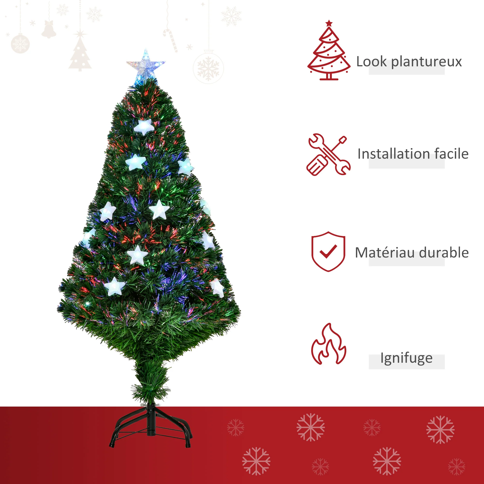 Sapin de Noël artificiel lumineux 120 cm 16 lumières LED fibres optiques lumineux multicolores 130 branches PVC étoile sommet brillante vert - Image 5