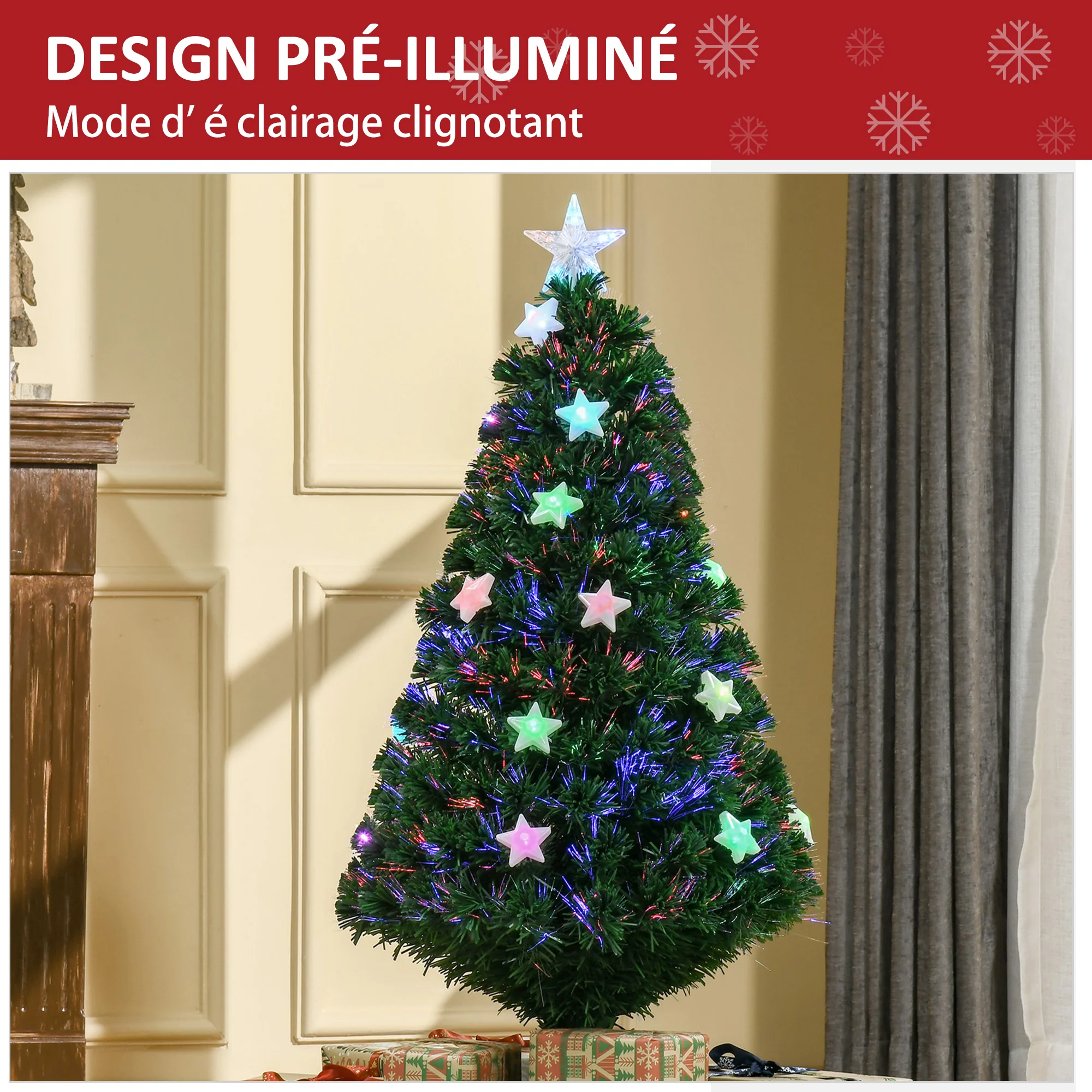 Sapin de Noël artificiel lumineux 120 cm 16 lumières LED fibres optiques lumineux multicolores 130 branches PVC étoile sommet brillante vert - Image 6