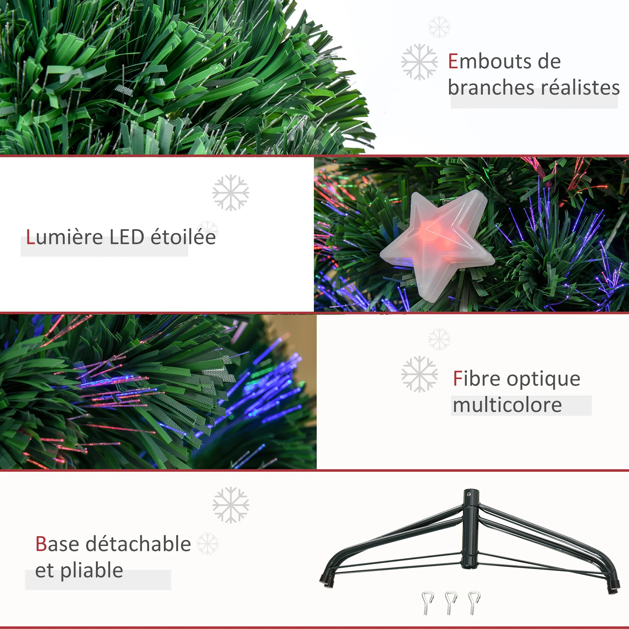 Sapin de Noël artificiel lumineux 120 cm 16 lumières LED fibres optiques lumineux multicolores 130 branches PVC étoile sommet brillante vert - Image 8