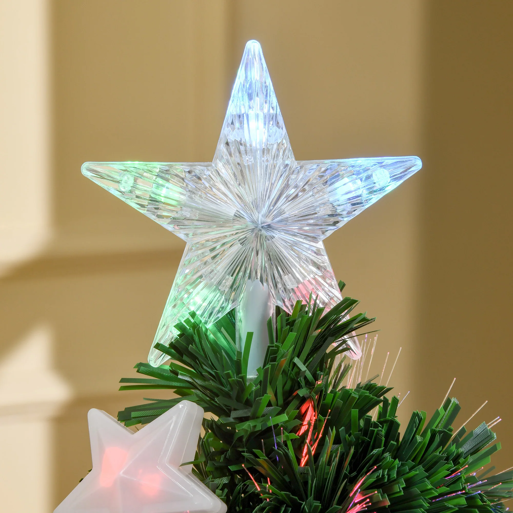 Sapin de Noël artificiel lumineux 120 cm 16 lumières LED fibres optiques lumineux multicolores 130 branches PVC étoile sommet brillante vert - Image 9
