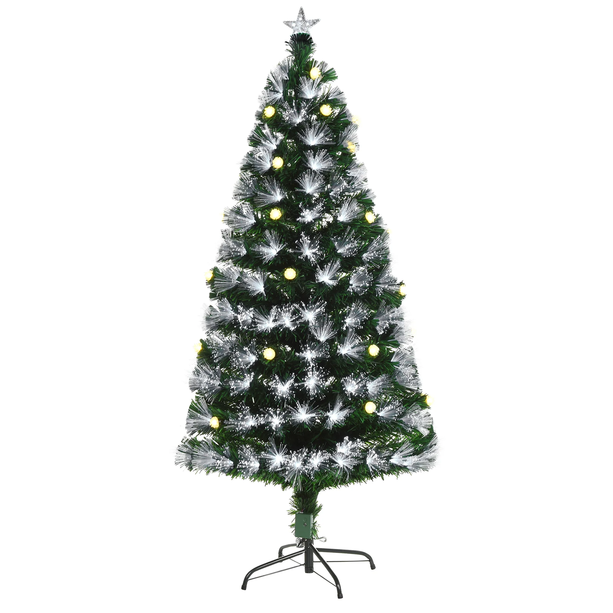 Sapin de No?l Artificiel Lumineux 120H cm Fibre Optique LED + 20 Ampoules + Support Pied 130 Branches étoile Sommet Brillante Vert - Image 2