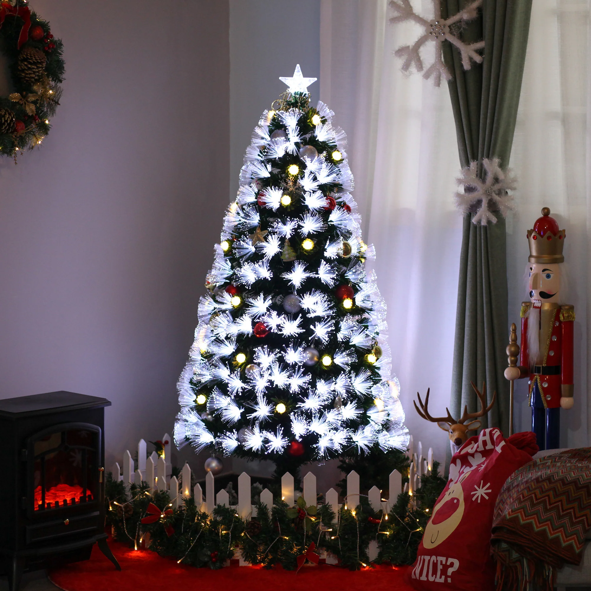 Sapin de No?l Artificiel Lumineux 120H cm Fibre Optique LED + 20 Ampoules + Support Pied 130 Branches étoile Sommet Brillante Vert - Image 3