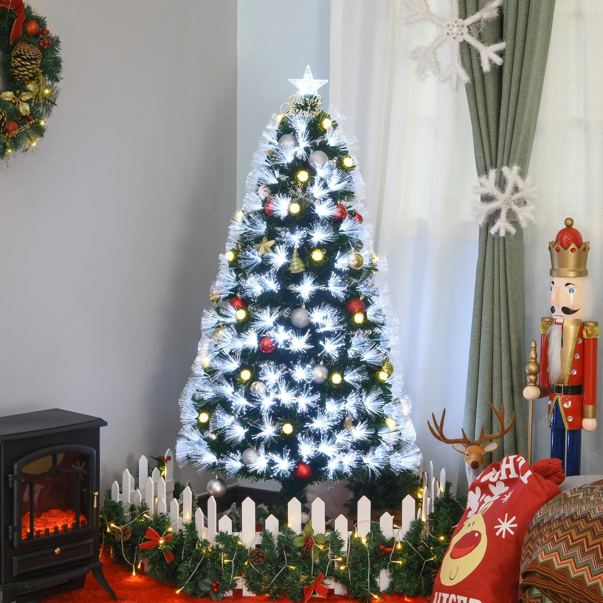 Sapin de No?l Artificiel Lumineux 120H cm Fibre Optique LED + 20 Ampoules + Support Pied 130 Branches étoile Sommet Brillante Vert - Image 5