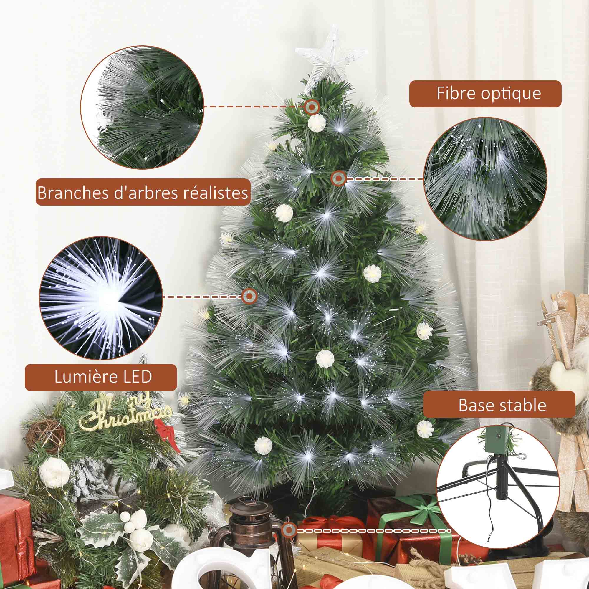 Sapin de No?l Artificiel Lumineux 120H cm Fibre Optique LED + 20 Ampoules + Support Pied 130 Branches étoile Sommet Brillante Vert - Image 6