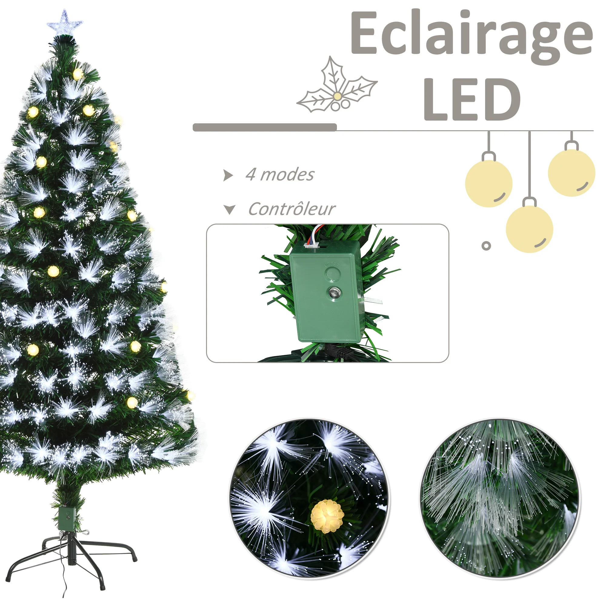 Sapin de No?l Artificiel Lumineux 120H cm Fibre Optique LED + 20 Ampoules + Support Pied 130 Branches étoile Sommet Brillante Vert - Image 7