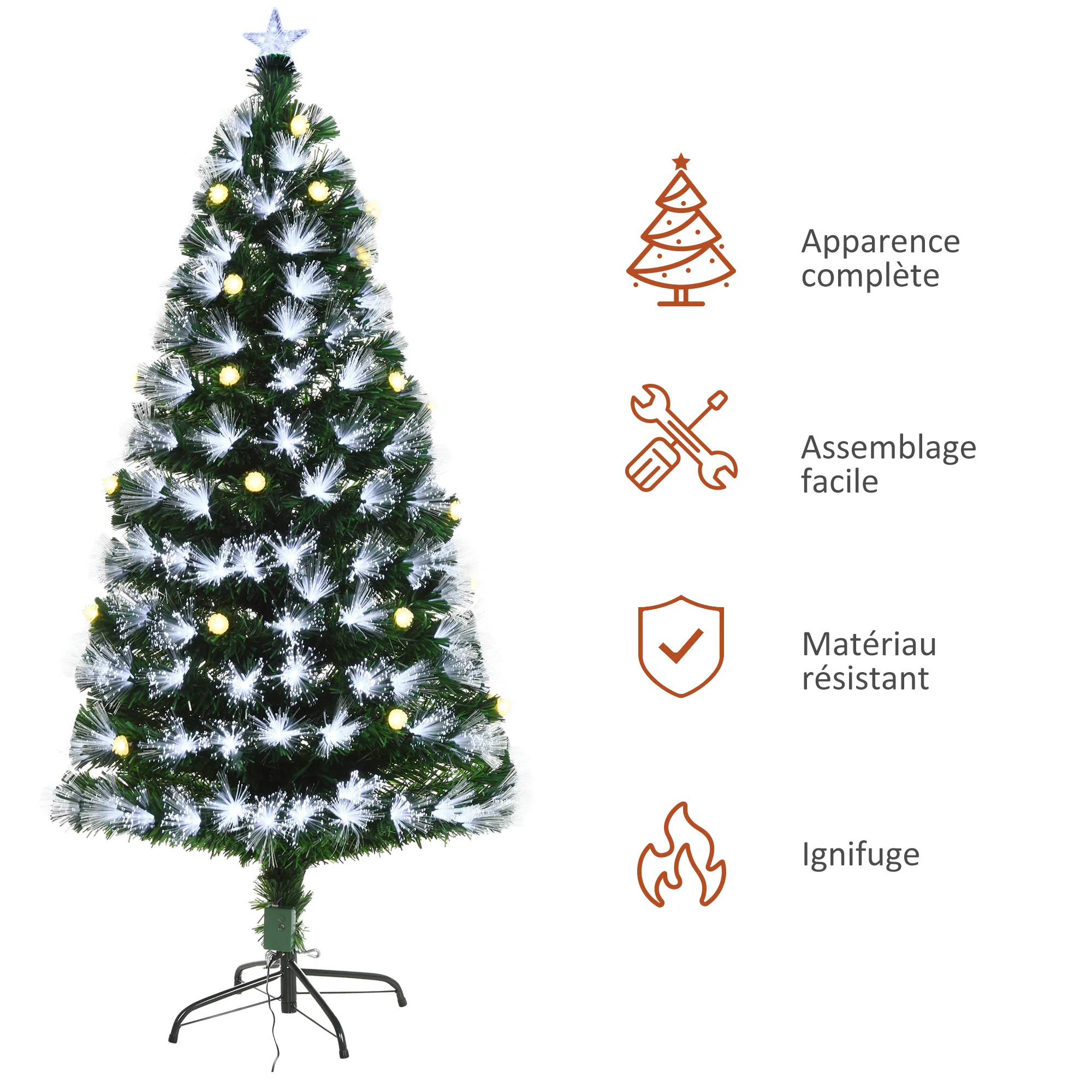 Sapin de No?l Artificiel Lumineux 120H cm Fibre Optique LED + 20 Ampoules + Support Pied 130 Branches étoile Sommet Brillante Vert - Image 8