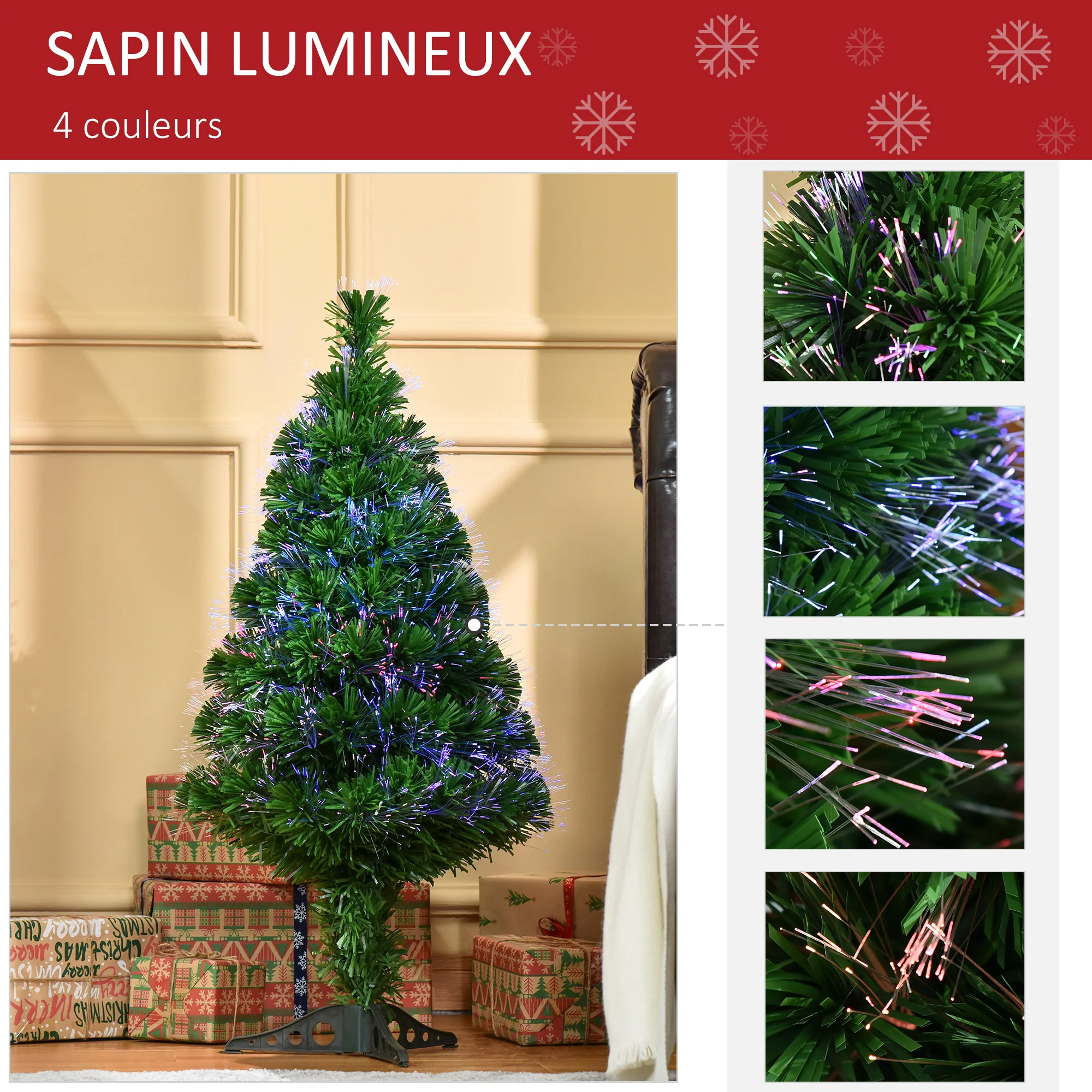 Sapin de No?l Artificiel Lumineux 90H cm Fibre Optique Multicolore + Support Pied 90 Branches Vert - Image 6