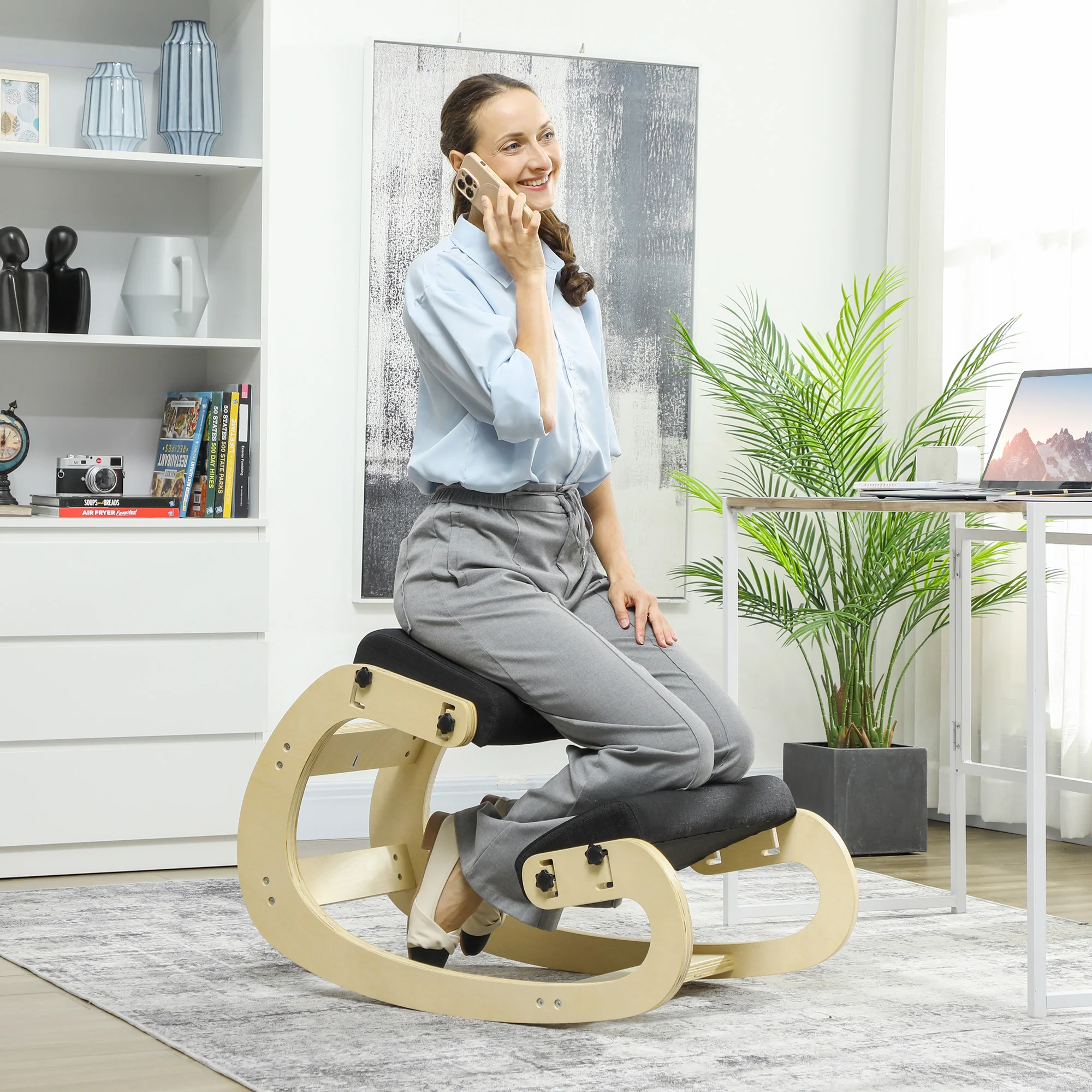Siège assis genoux, siège ergonomique en bois à bascule, chaise à genoux réglable pour bureau à domicile, améliorer la posture, maux de dos, noir - Image 3