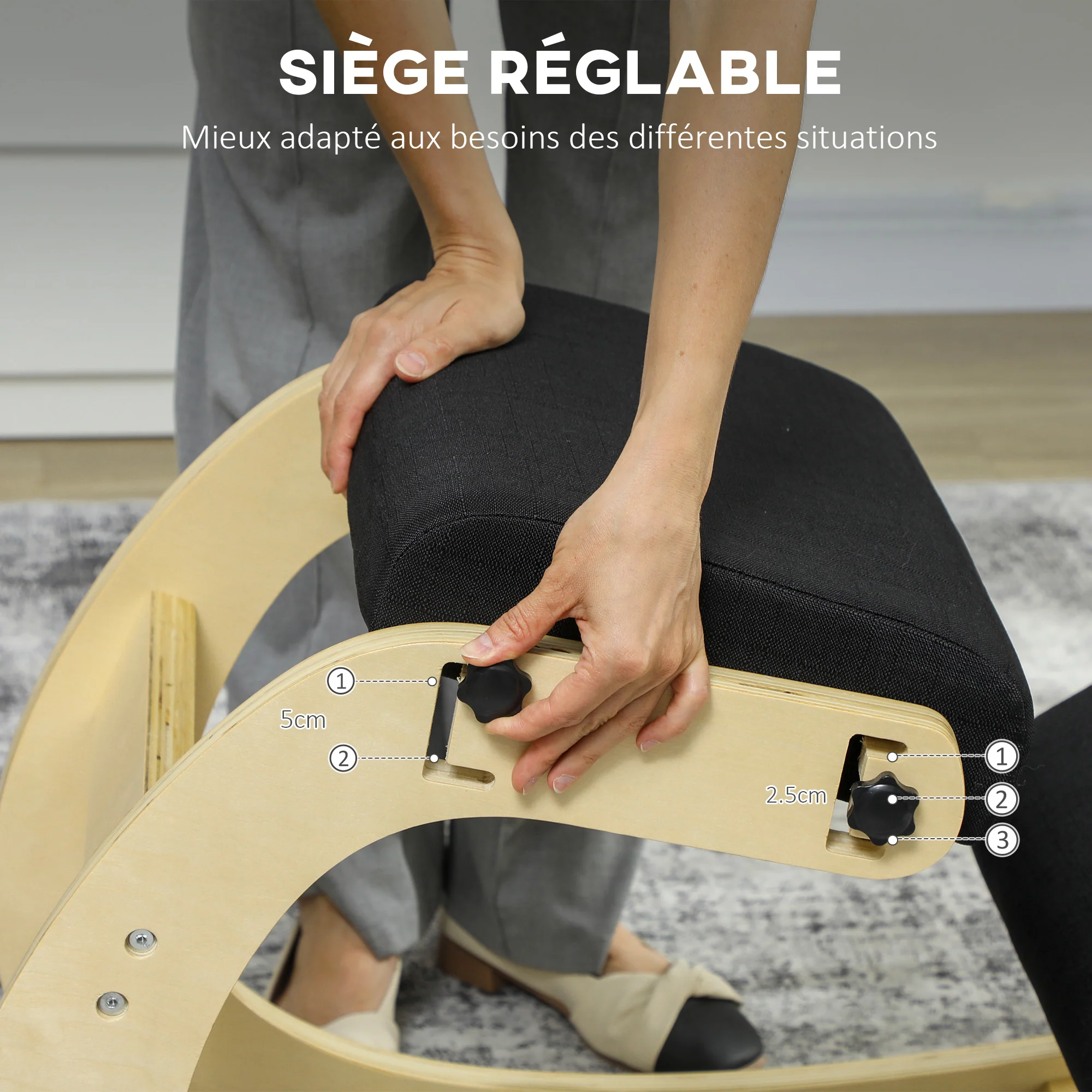 Siège assis genoux, siège ergonomique en bois à bascule, chaise à genoux réglable pour bureau à domicile, améliorer la posture, maux de dos, noir - Image 6