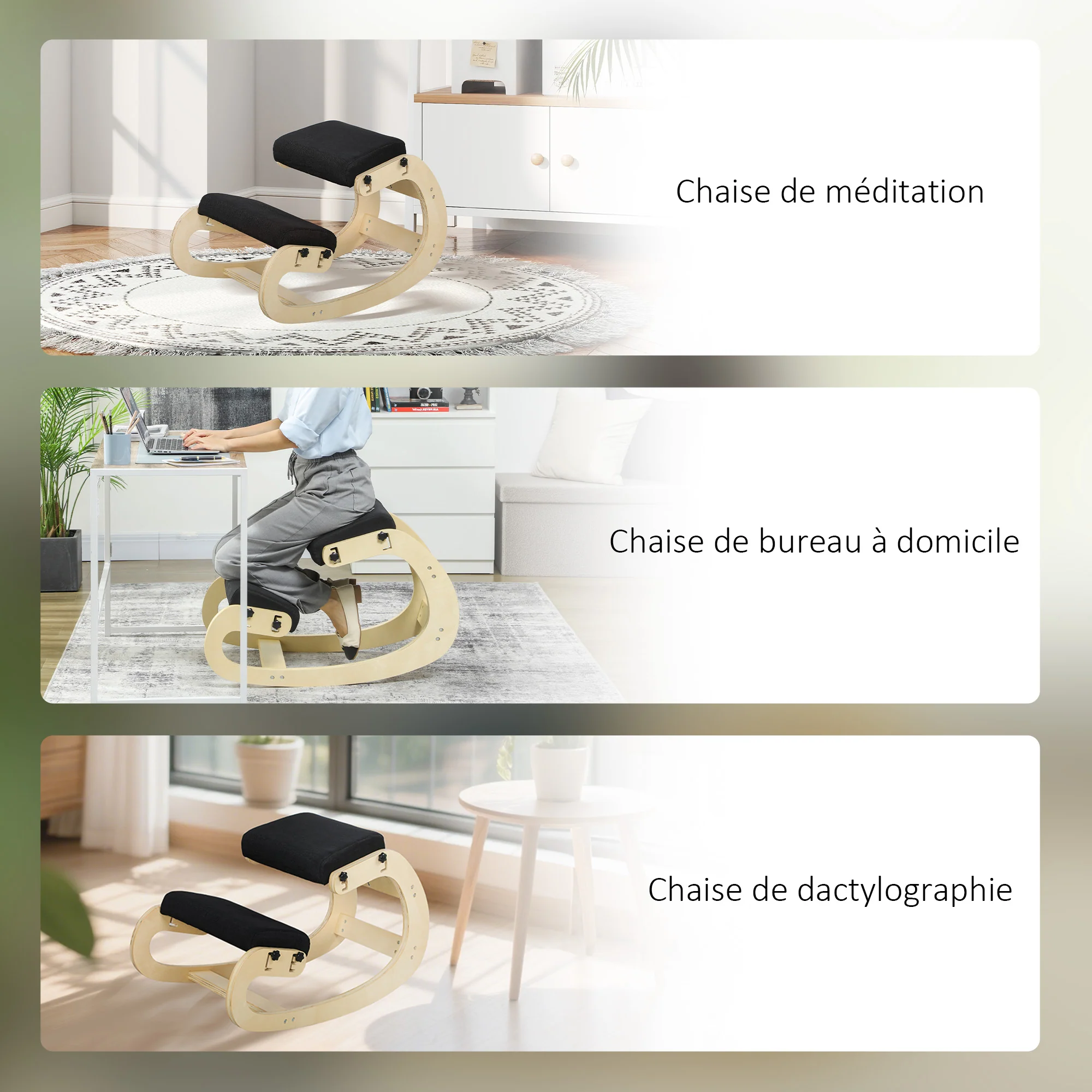 Siège assis genoux, siège ergonomique en bois à bascule, chaise à genoux réglable pour bureau à domicile, améliorer la posture, maux de dos, noir - Image 9