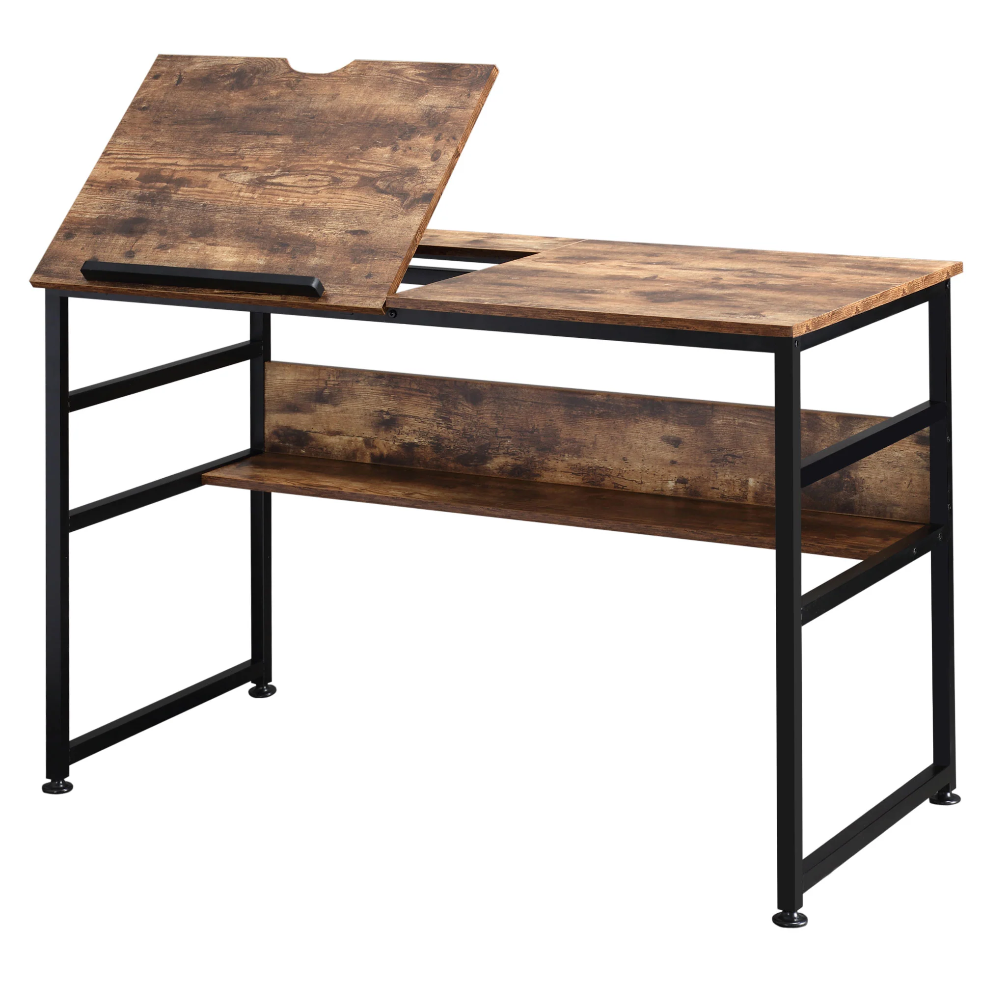 Table à dessin inclinable bureau informatique design industriel - plateau relevable, étagère - panneaux particules aspect vieux bois métal noir - Image 2