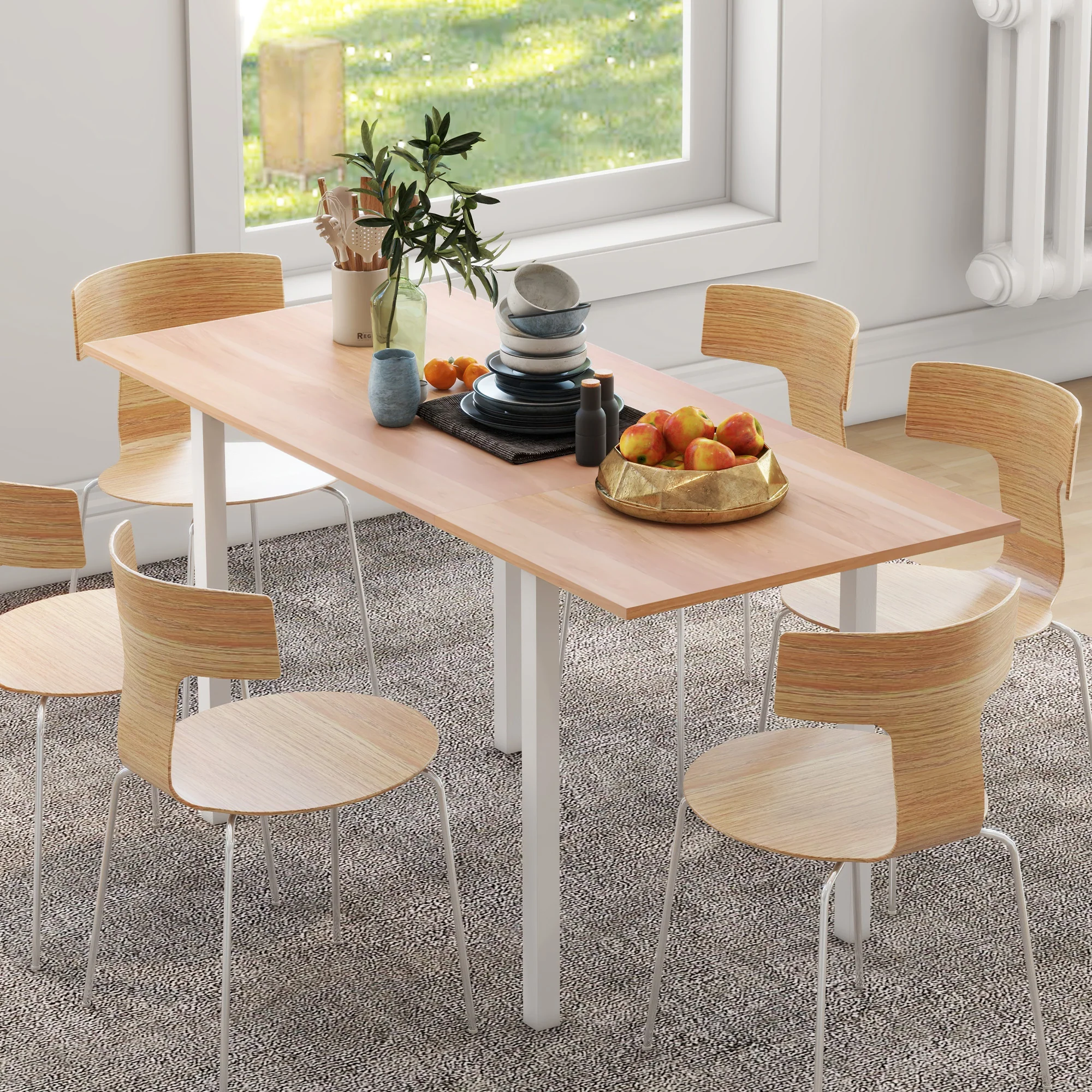 Table à manger extensible table de cuisine design moderne avec grand plateau 6 personnes cadre en acier marron - Image 3