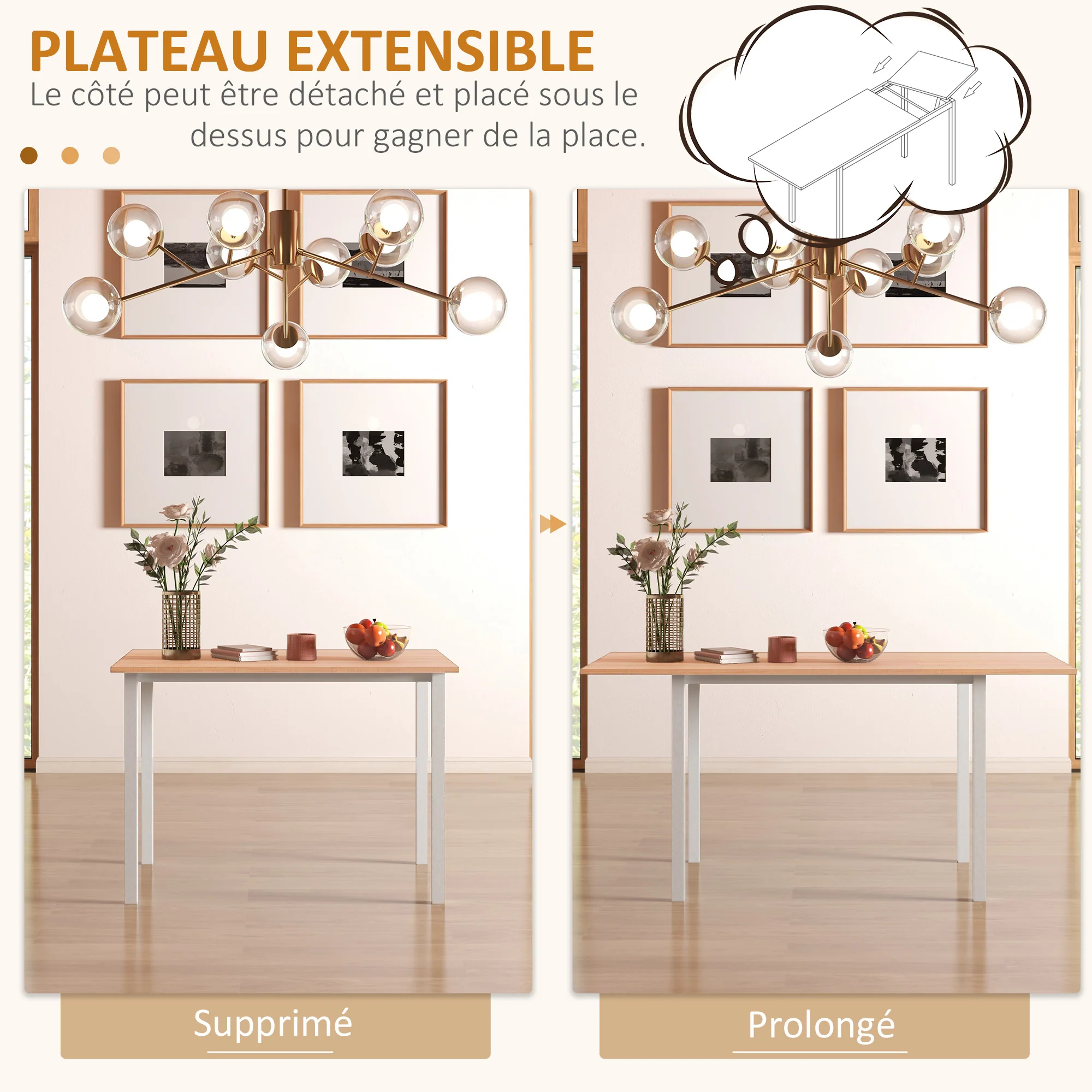 Table à manger extensible table de cuisine design moderne avec grand plateau 6 personnes cadre en acier marron - Image 6