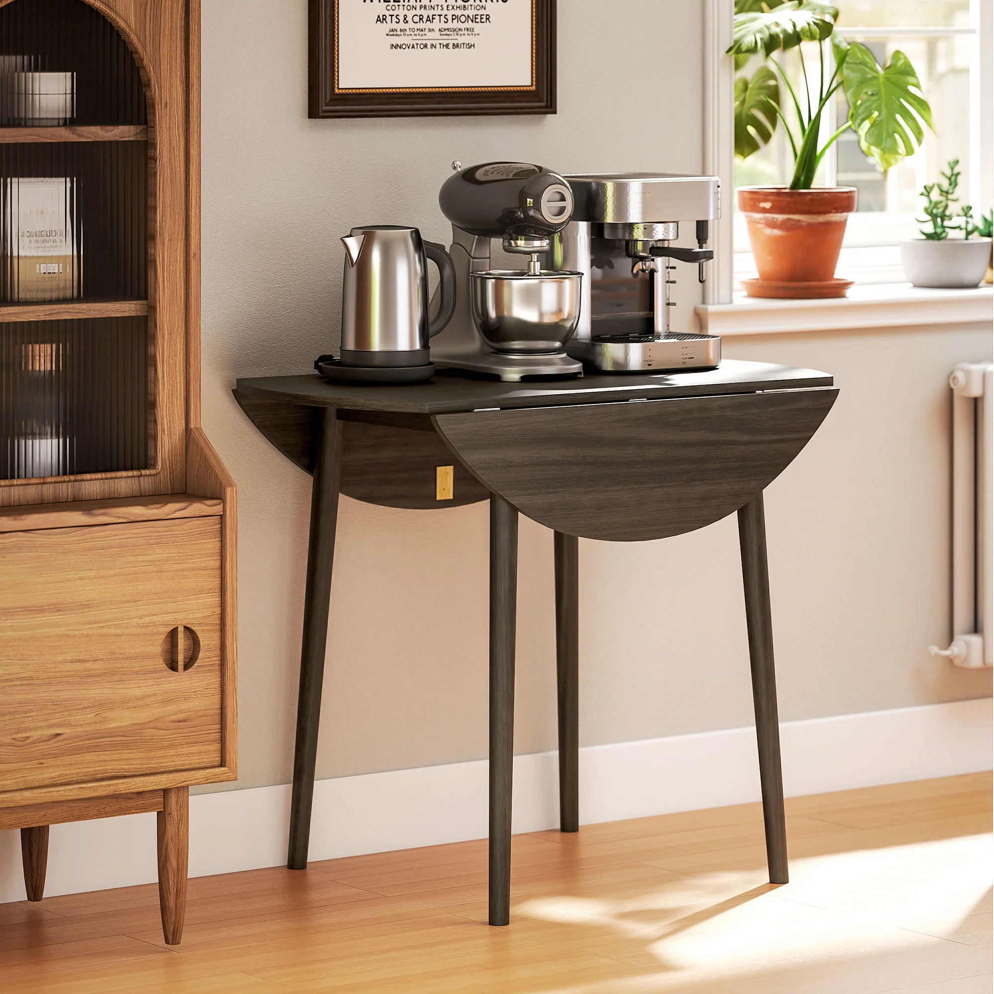 Table à manger pliante, table de cuisine ronde Ø 89 cm pour 4 personnes avec 2 abattants, pieds en bois de pin, design nordique, pour petits espaces, gris - Image 10