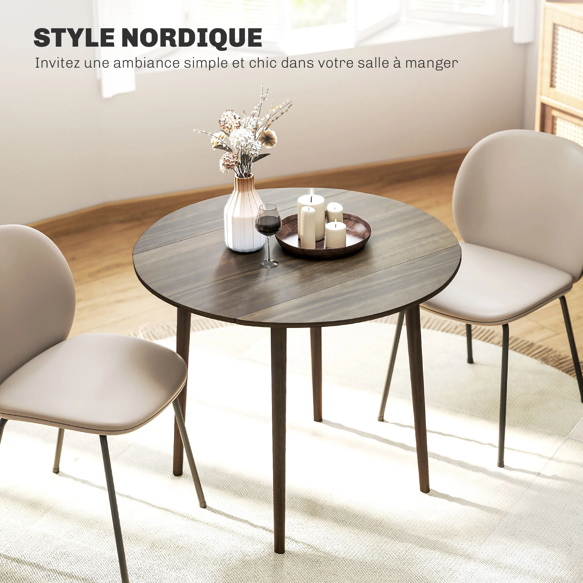 Table à manger pliante, table de cuisine ronde Ø 89 cm pour 4 personnes avec 2 abattants, pieds en bois de pin, design nordique, pour petits espaces, gris - Image 6