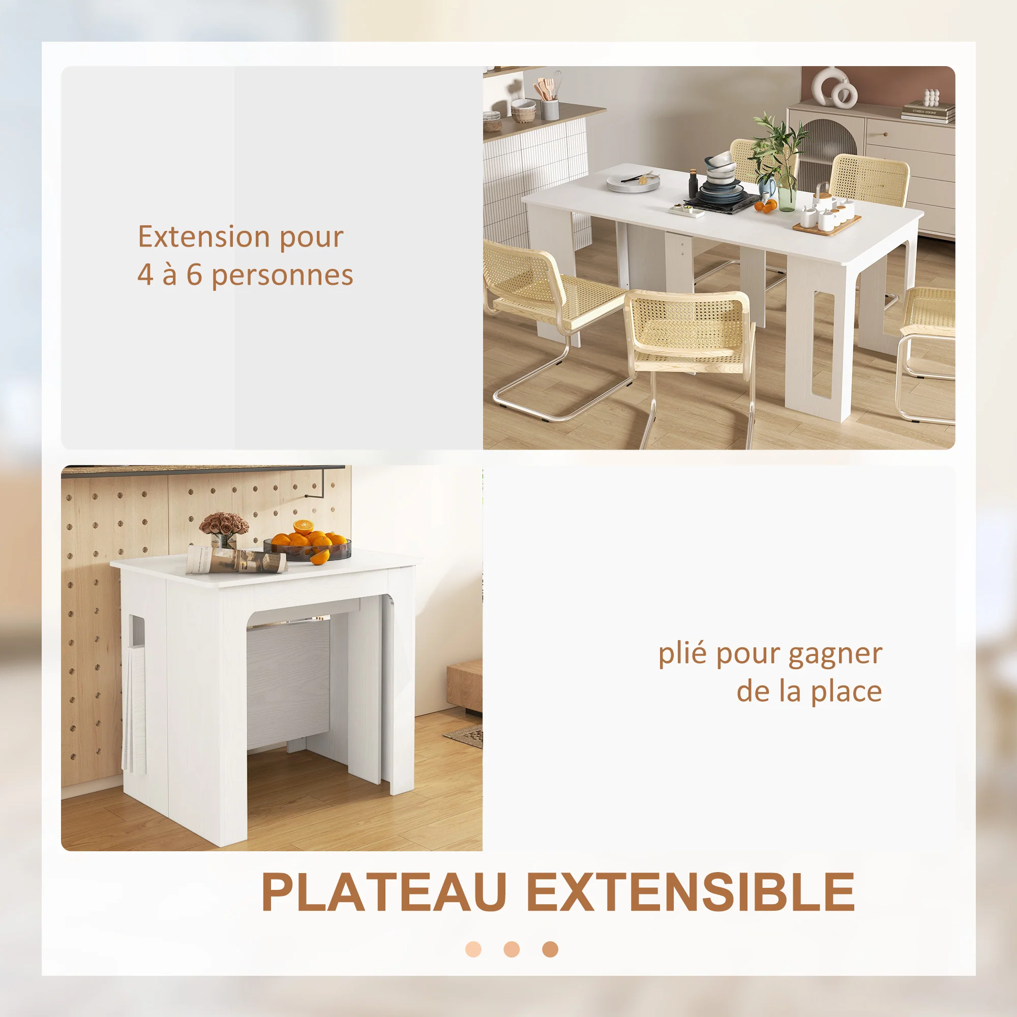 Table à manger pliante, table pliante cuisine rectangulaire extensible jusqu'à 6 personnes, pour petits espaces, salle à manger, blanc - Image 5