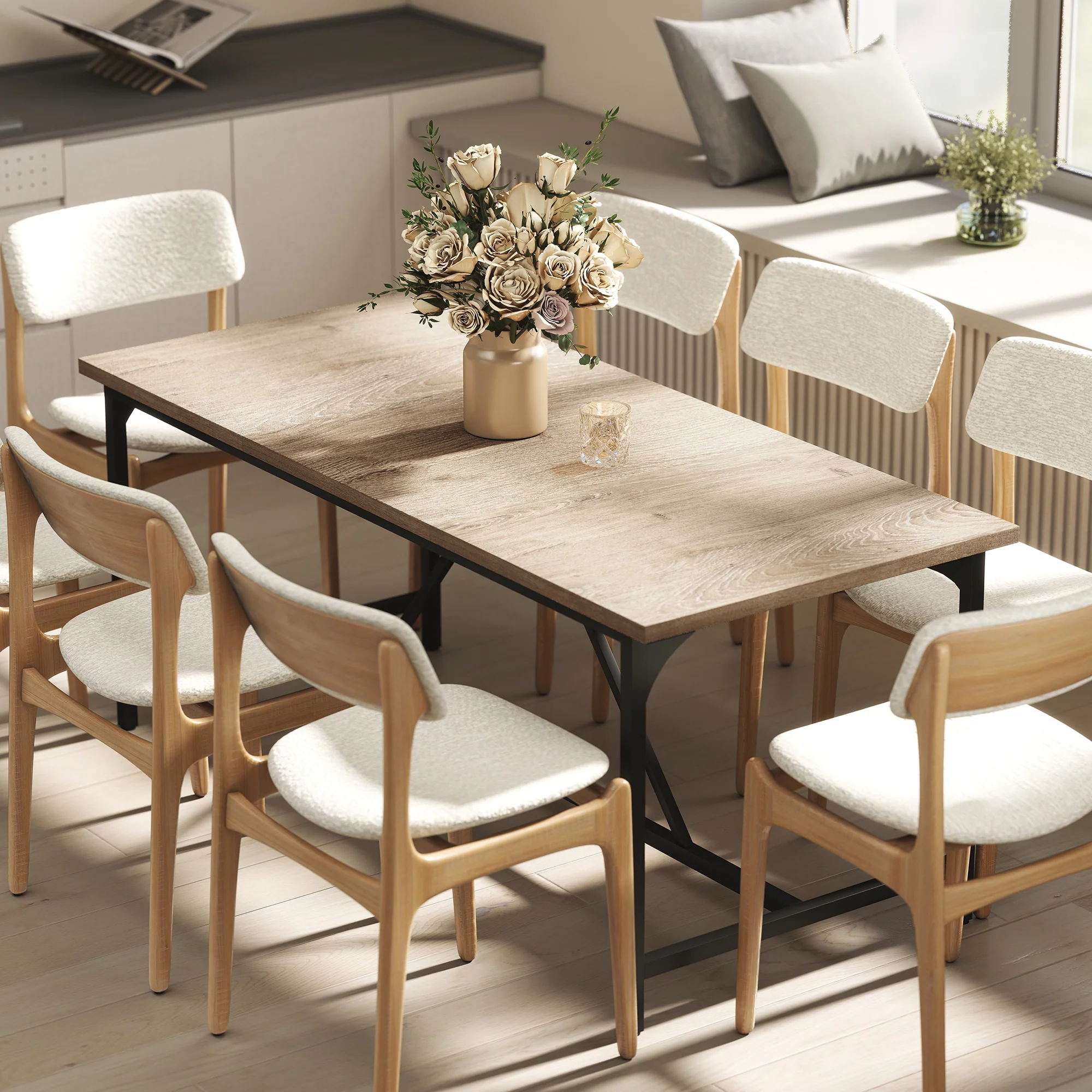 Table à manger pour 6-8 personne table cuisine rectangulaire style moderne - plateau aspect bois et pieds en acier noir avec patins réglables, 180 x 80 cm, naturel - Image 3