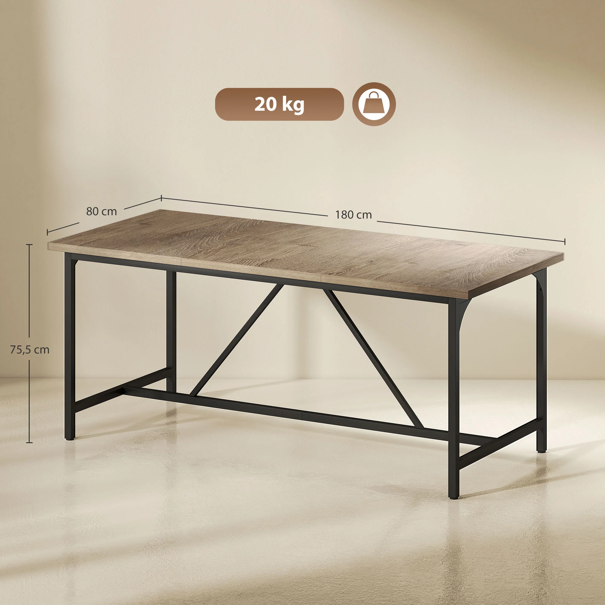 Table à manger pour 6-8 personne table cuisine rectangulaire style moderne - plateau aspect bois et pieds en acier noir avec patins réglables, 180 x 80 cm, naturel - Image 4