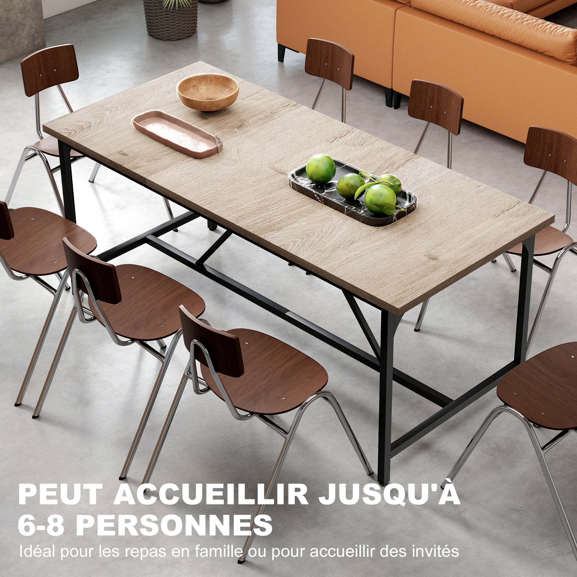 Table à manger pour 6-8 personne table cuisine rectangulaire style moderne - plateau aspect bois et pieds en acier noir avec patins réglables, 180 x 80 cm, naturel - Image 5