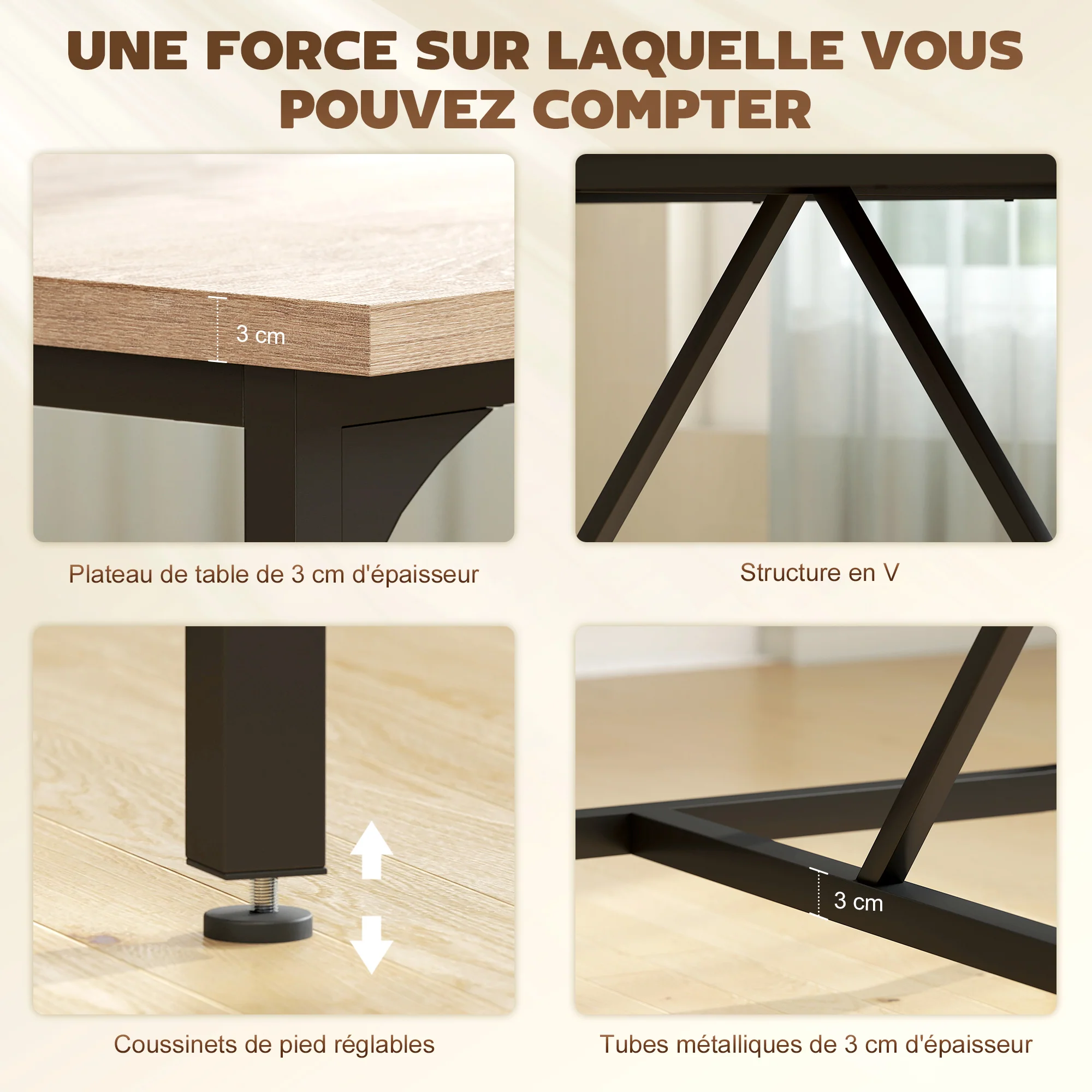 Table à manger pour 6-8 personne table cuisine rectangulaire style moderne - plateau aspect bois et pieds en acier noir avec patins réglables, 180 x 80 cm, naturel - Image 7