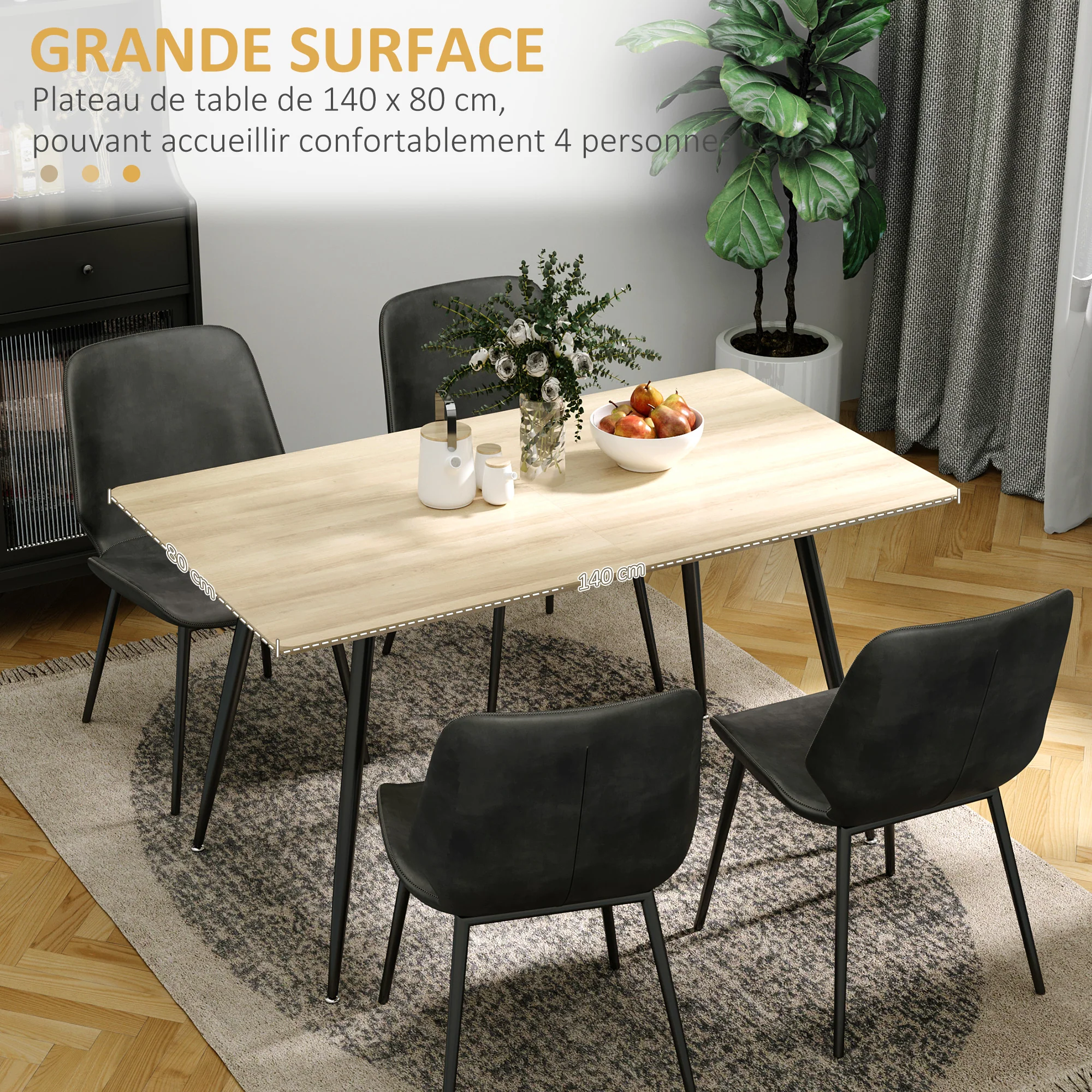 Table à manger rectangulaire, table de cuisine 140 cm, 4 personnes avec plateau effet bois, table de salle à manger, 4 pieds en acier, naturel et noir - Image 6